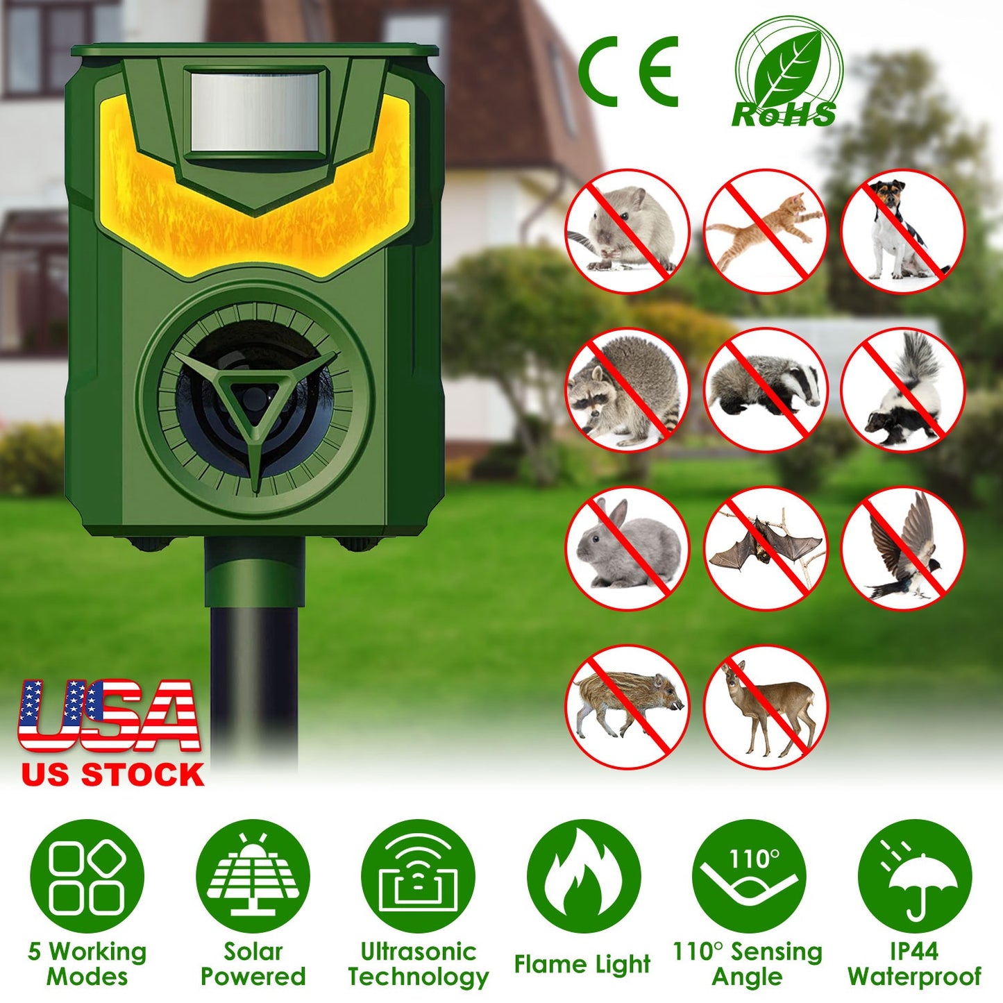 LJGelectro - Solar Ultrasonic Animal Repeller with Flame Light USB Charge Motion Sensor Animal Repellent Chaser IP55 Waterproof Dog Raccoon Fox Skunk