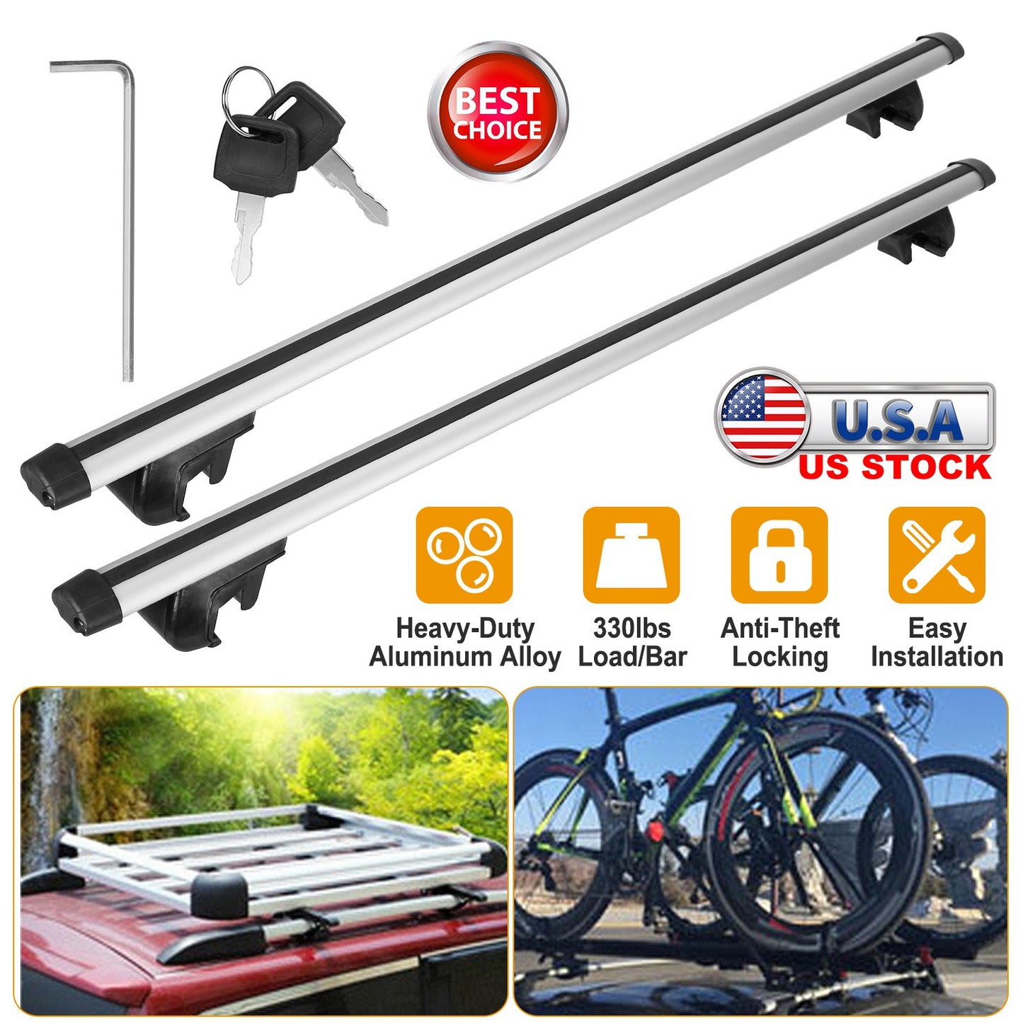 LJGelectro - 2Pcs Car Roof Top Crossbar Rack Aluminum Alloy Luggage Carrier Rack 330lbs Max Load w/Lock Fit Most Cars SUVs