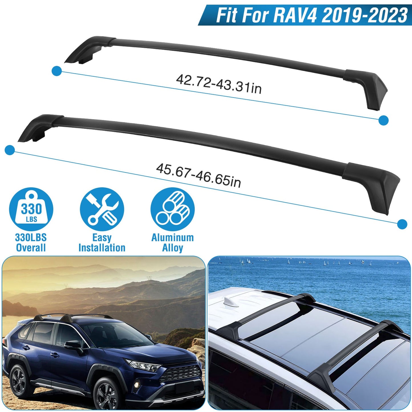 LJGelectro - Car Roof Rack Cross Bars Aluminum Alloy Cargo Carrier Rooftop Crossbars Fit for Toyota RAV4 2019-2024 with Side Rails for Cargo Carrier Bag Kayak Bike