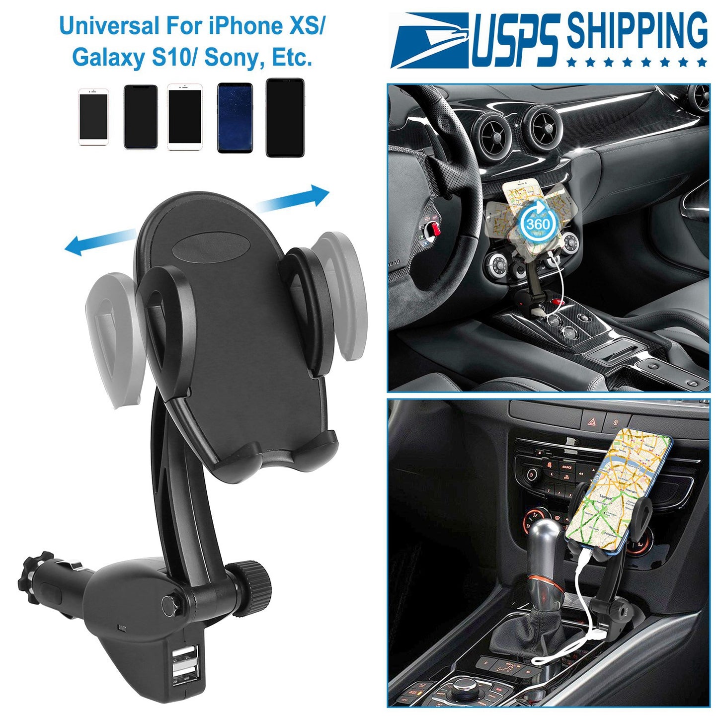 LJGelectro - 360° Rotation Car Phone Mount 3.1A Dual USB Cigarette Lighter Phone Holder Universal