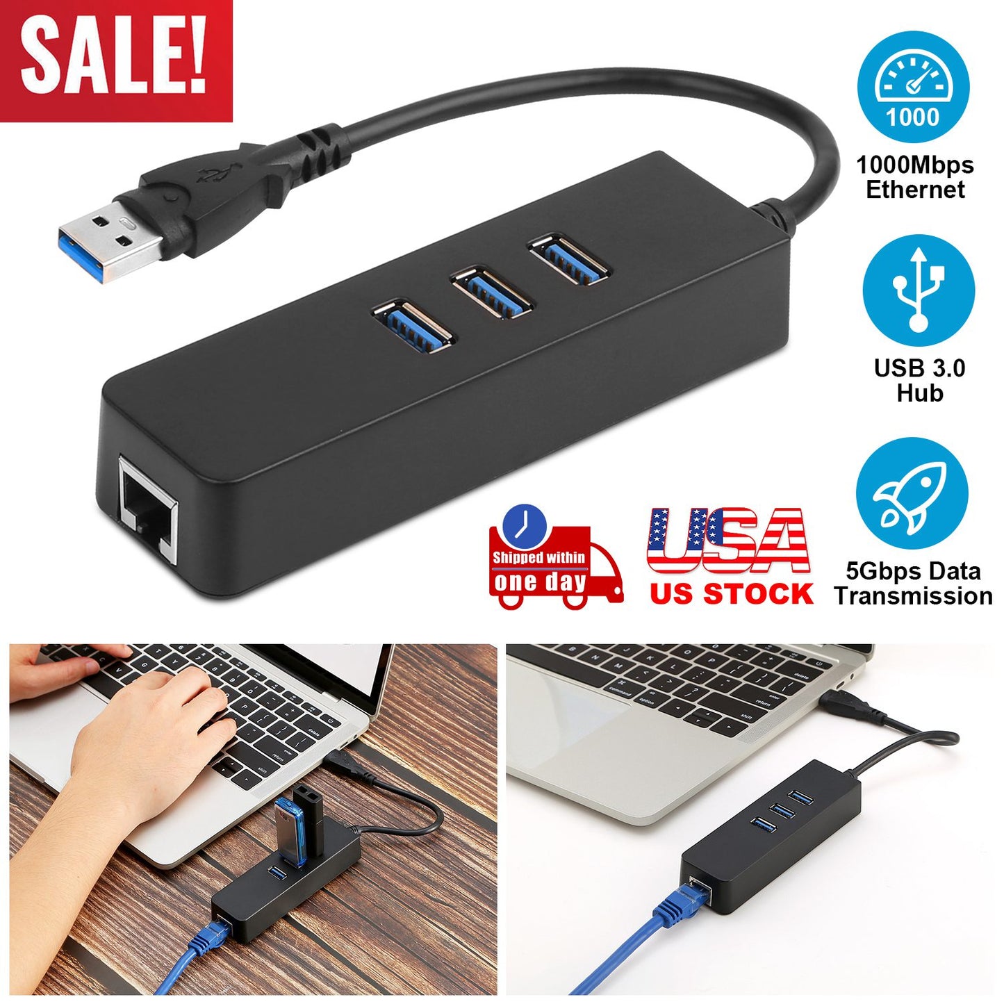 LJGelectro - 3 Ports USB 3.0 Hub Gigabit Ethernet Adapter 10/100/1000 Mbps Converter LAN RJ45 Wired USB Network Adapter