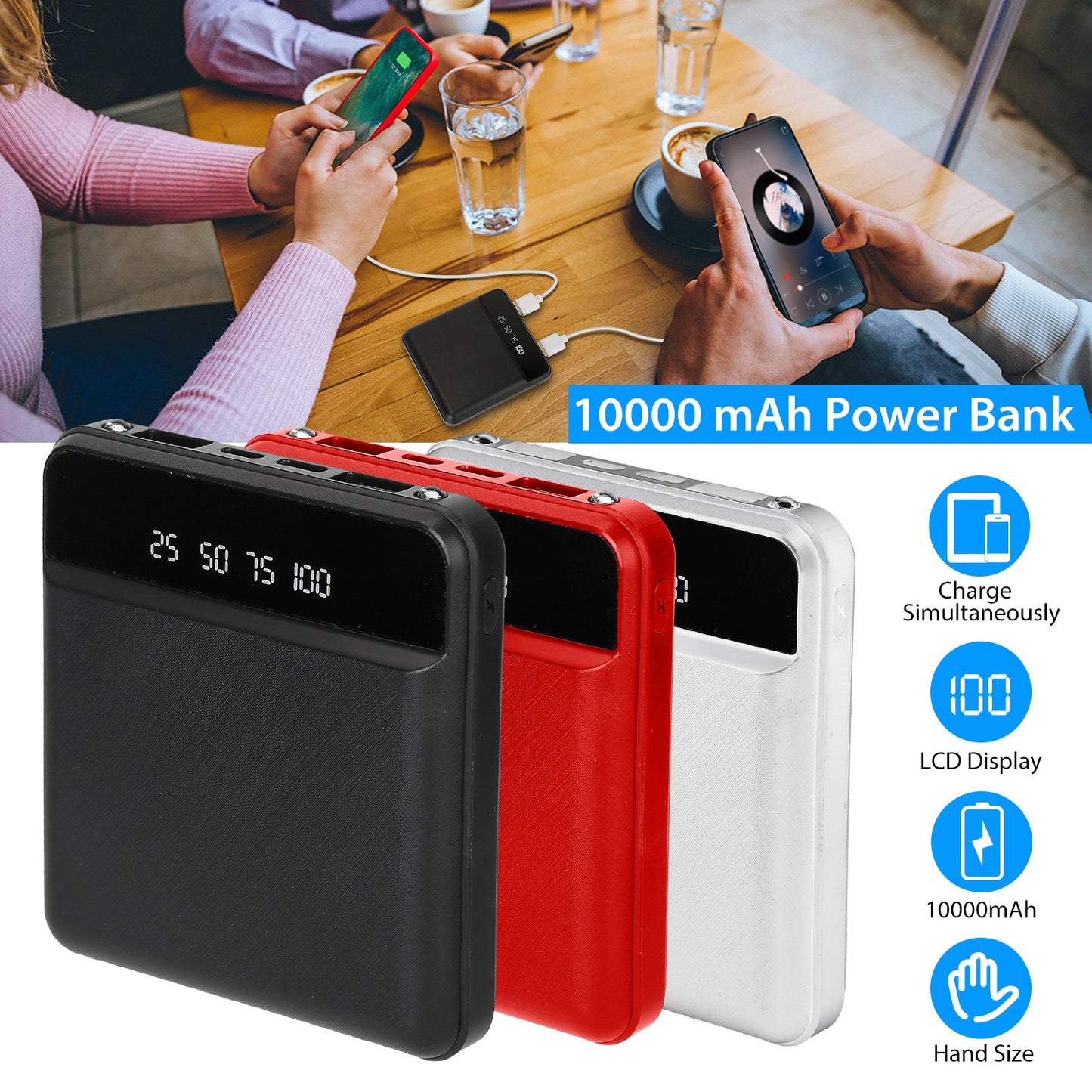 LJGelectro - 10000mAh Portable Power Bank Mini External Battery Pack Charger w/ Dual USB Ports LCD Display Type C Micro USB Input Ports