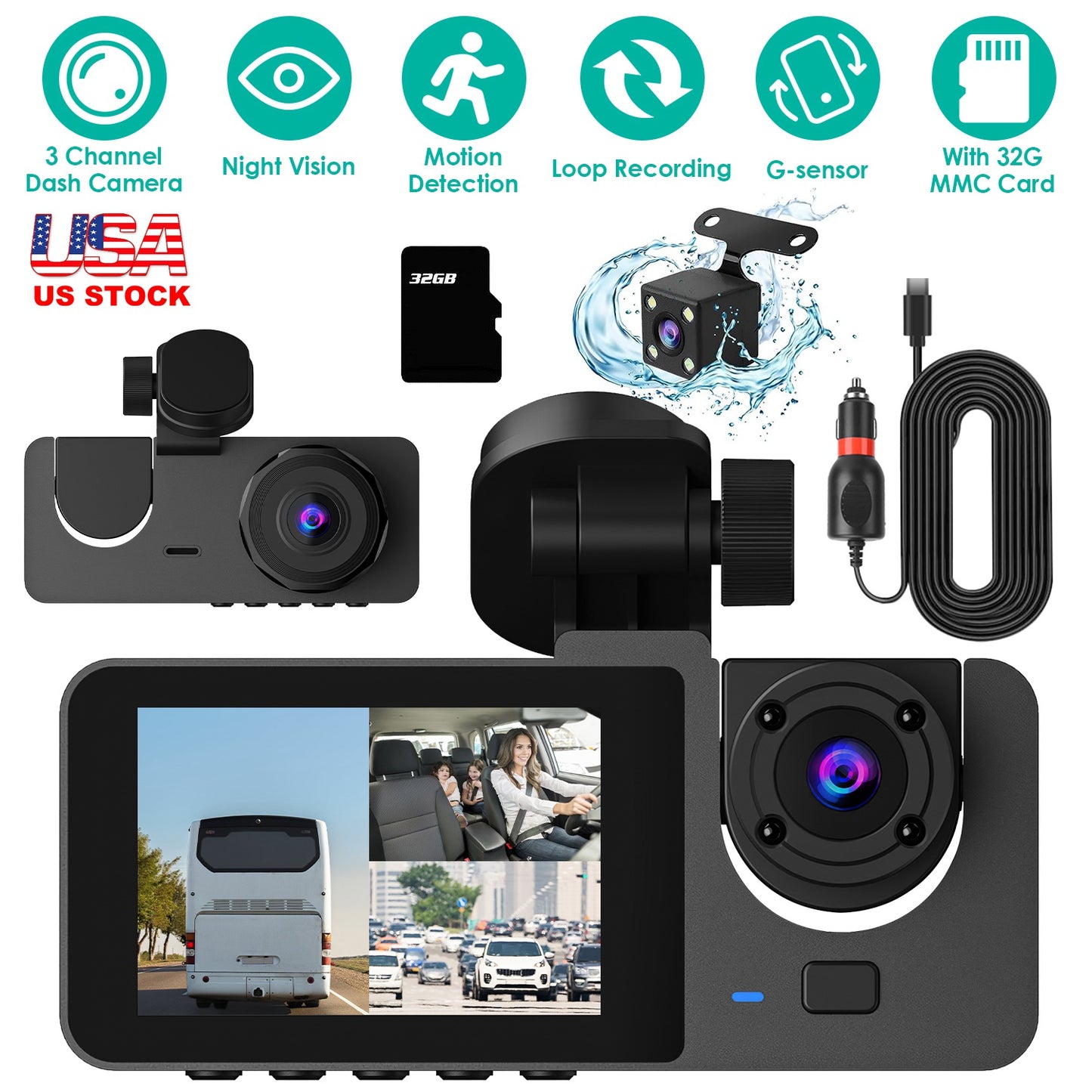 LJGelectro - 3 Channel Dash Cam Front Inside Rear Vehicle Driving Recorder Car DVR with 32G MMC Card G Sensor Motion Detection Parking Monitor Night Vision Loop Re