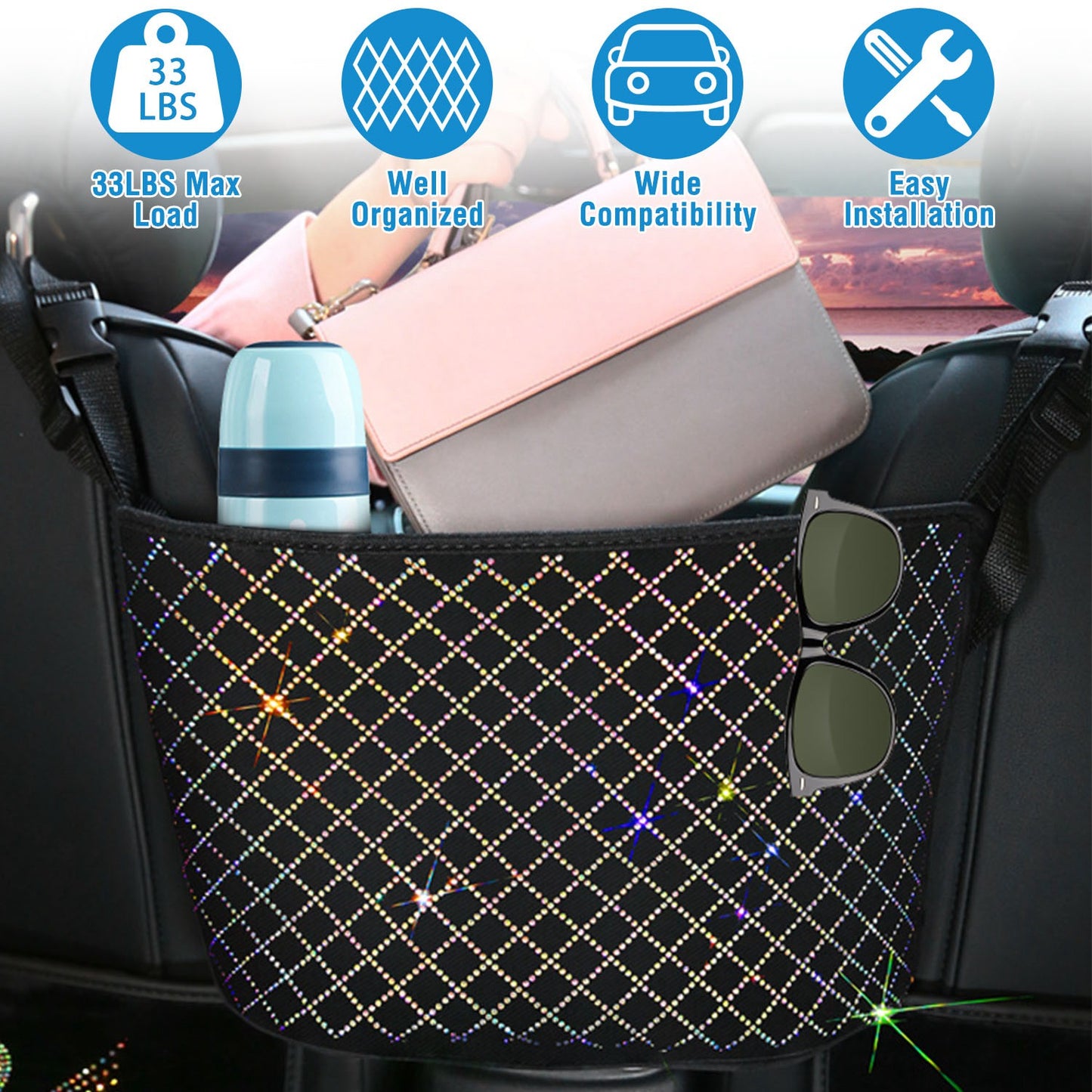 LJGelectro - Car Handbag Purse Holder for Front Seat Storage Net Bag Pocket for Car Between Seats Rhinestone Bling Women Automotive Organizer