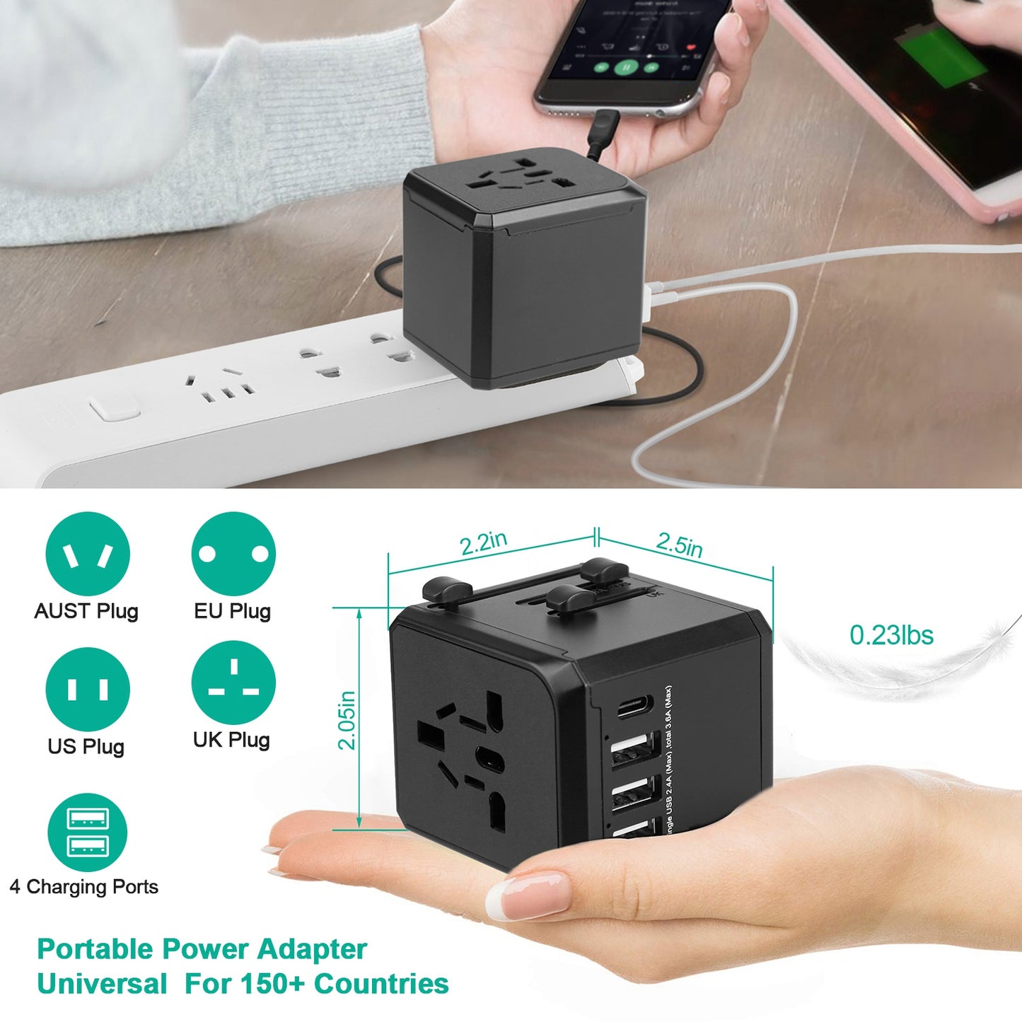 LJGelectro - Universal Travel Power Adapter All in One AC Power Plug Adapter International Wall Charger with 4 Charging Ports for Phones Tablets Cameras US UK EU A