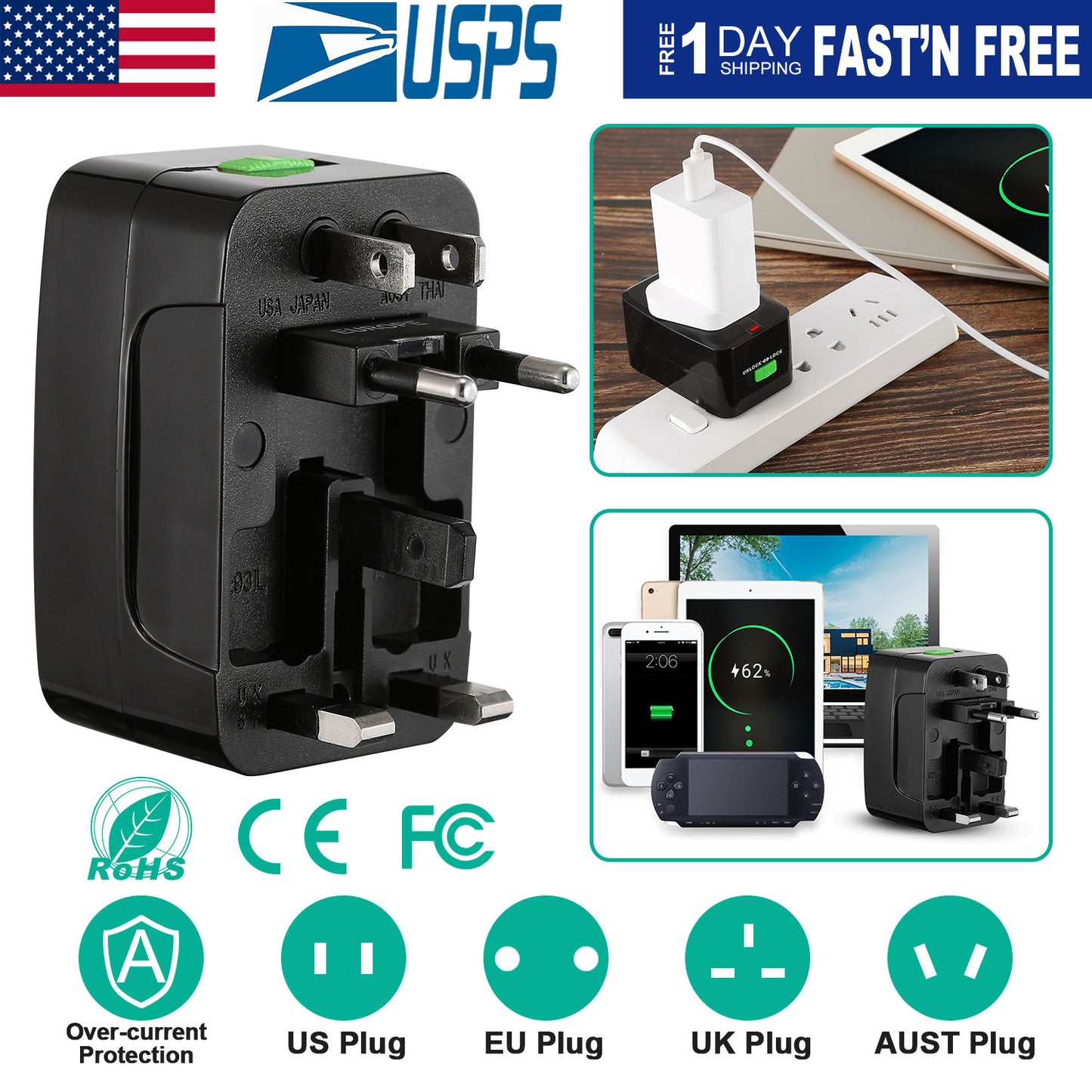 LJGelectro - Universal Travel Adapter AC Power Plug Adapter US UK EU AUST Worldwide Socket For Phones Tablet Cameras