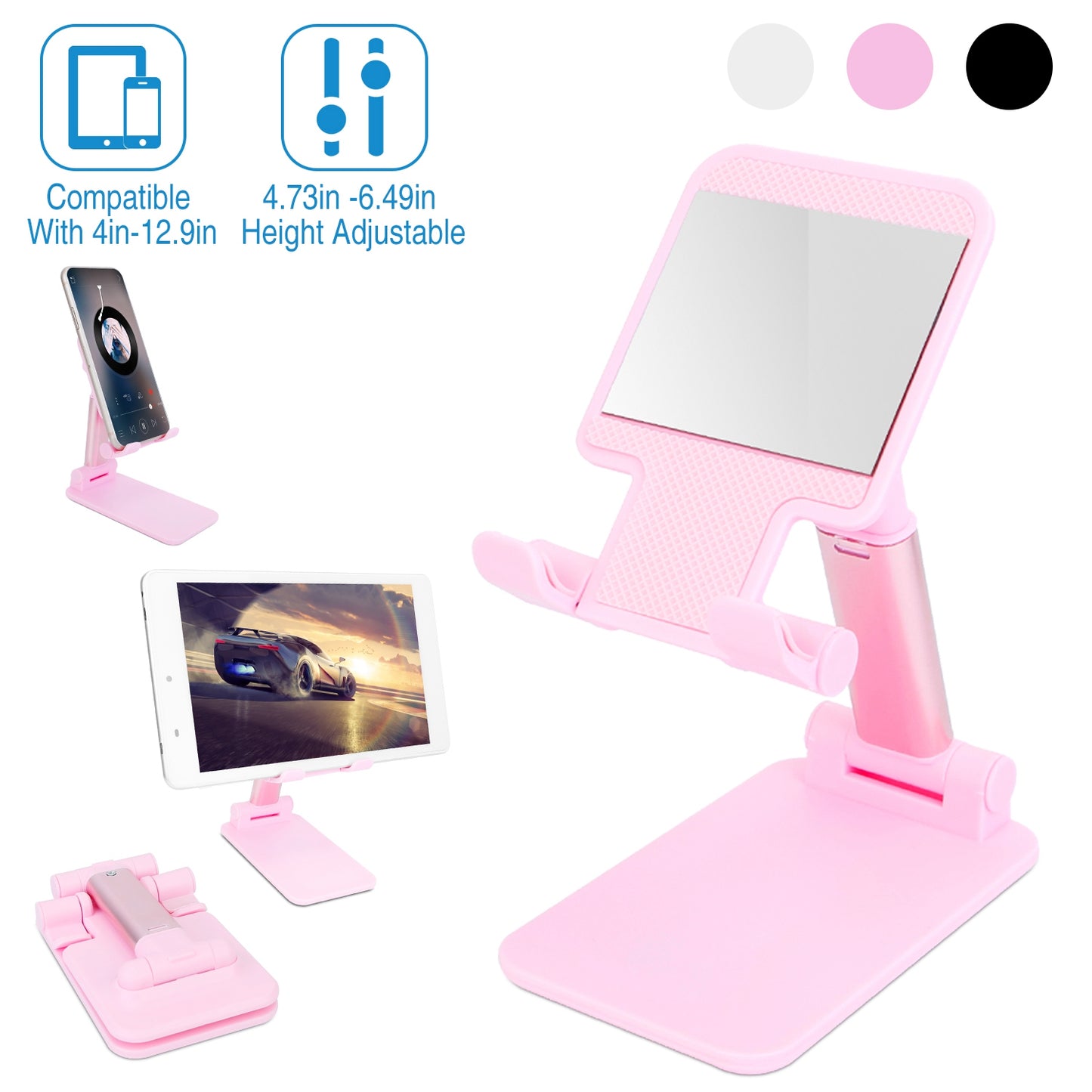 LJGelectro - Foldable Desktop Phone Stand Angle Height Adjustable Tablet Holder Cradle Dock w/ Mirror Fit For 4-12.9in Device