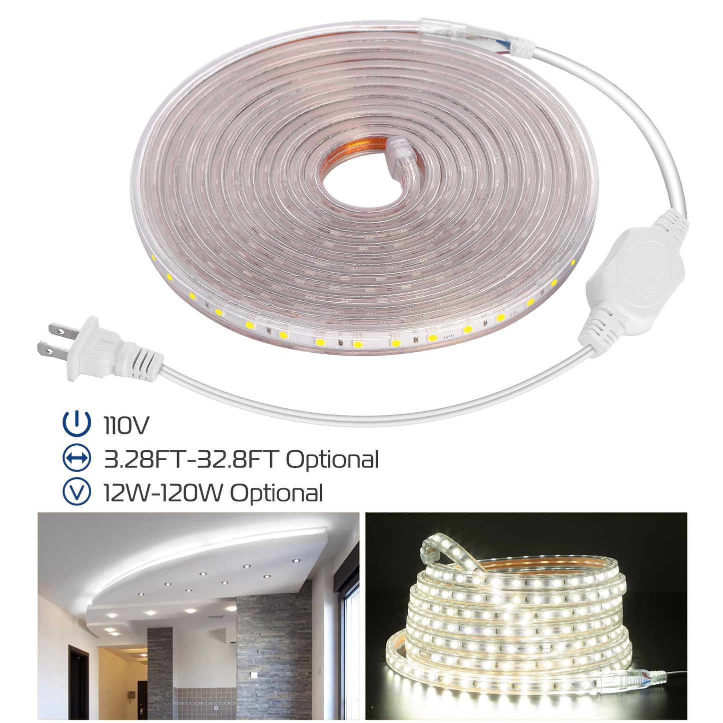 LJGelectro - 32.8ft/10m LED Strip Light 110V IP65 Waterproof 2500LM Dimmable Rope Light SMD 5050 6000K Cold White Warm