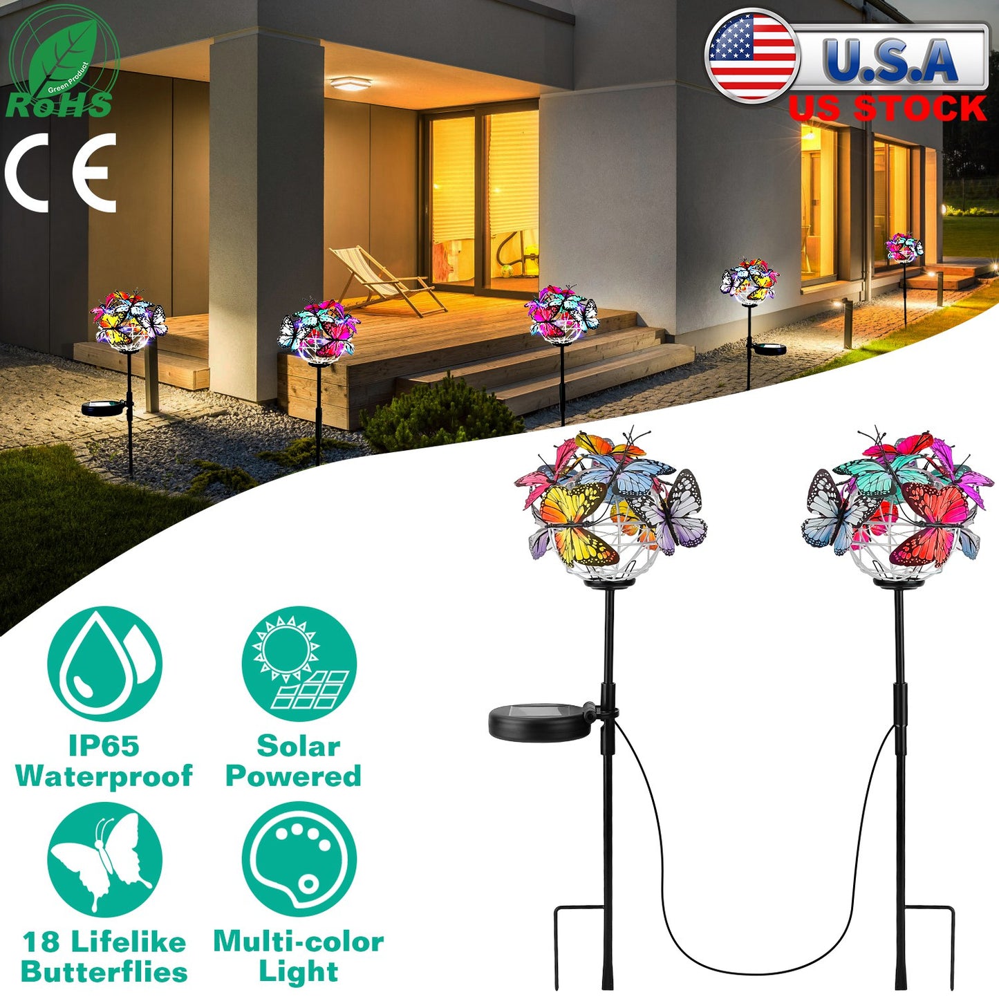 LJGelectro - 2 in 1 Outdoor Solar Light Butterfly Landscape Light Yard Stake Decor Lamp Stake Light w/ Butterfly