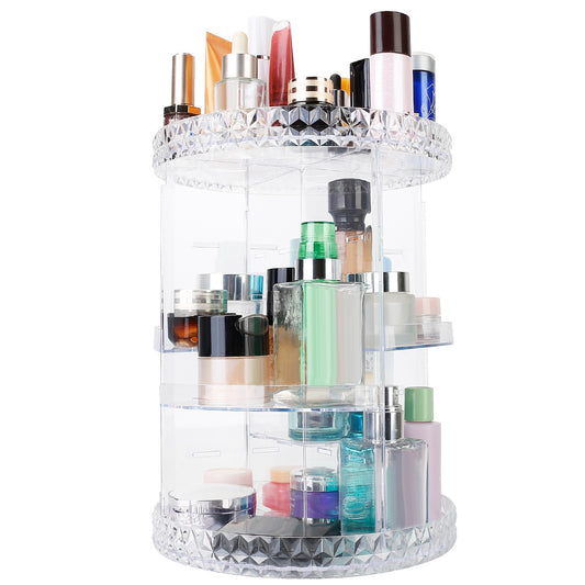 LJGelectro - 360° Rotating Makeup Organizer Clear Cosmetic Storage Rack Transparent Jewelry Display Box Case with 4 Trays One 17-Slot Top Shelf