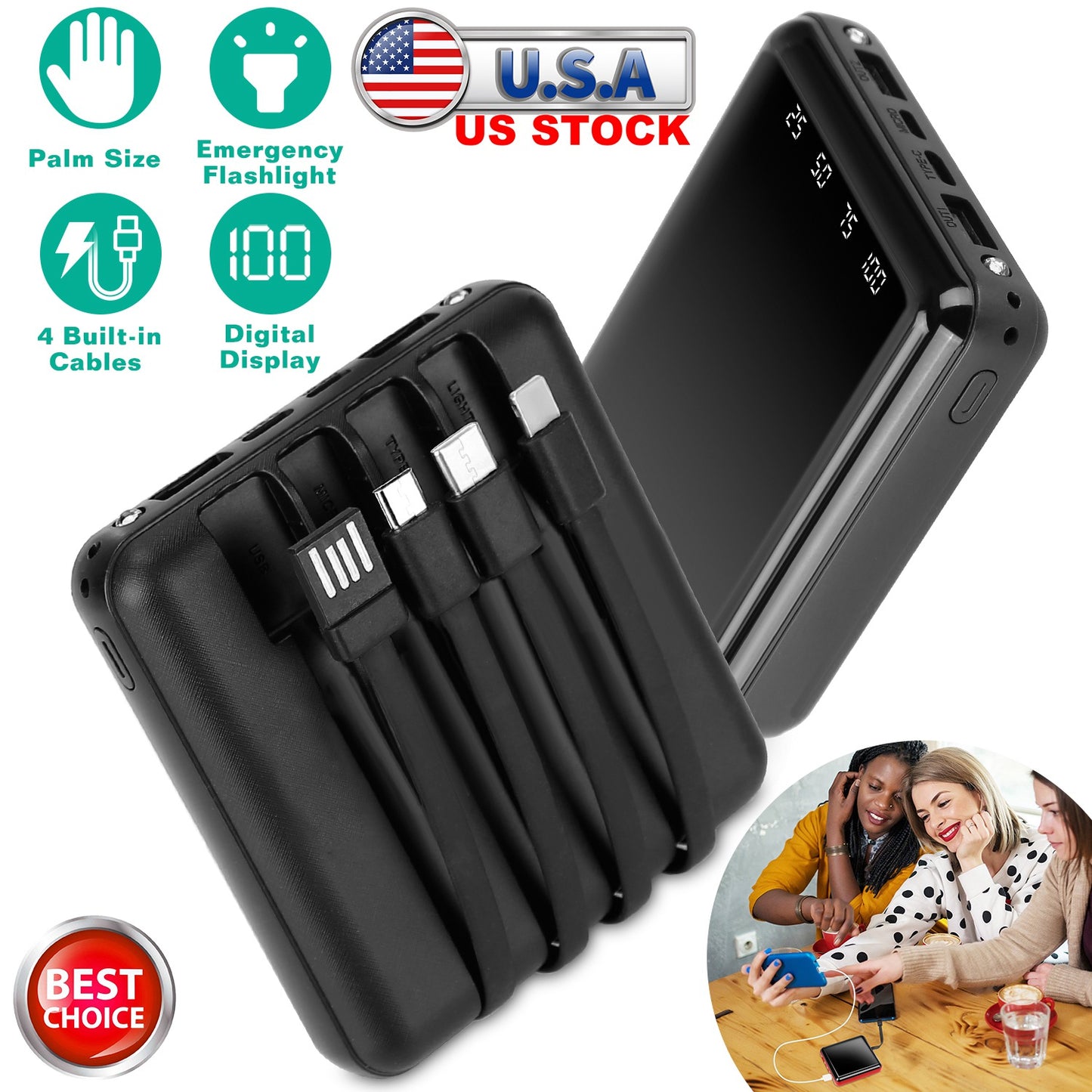 LJGelectro - 10000mAh Portable Charger Power Bank External Battery Pack w/ 4 Built-in Cables w/ LED Flashlight