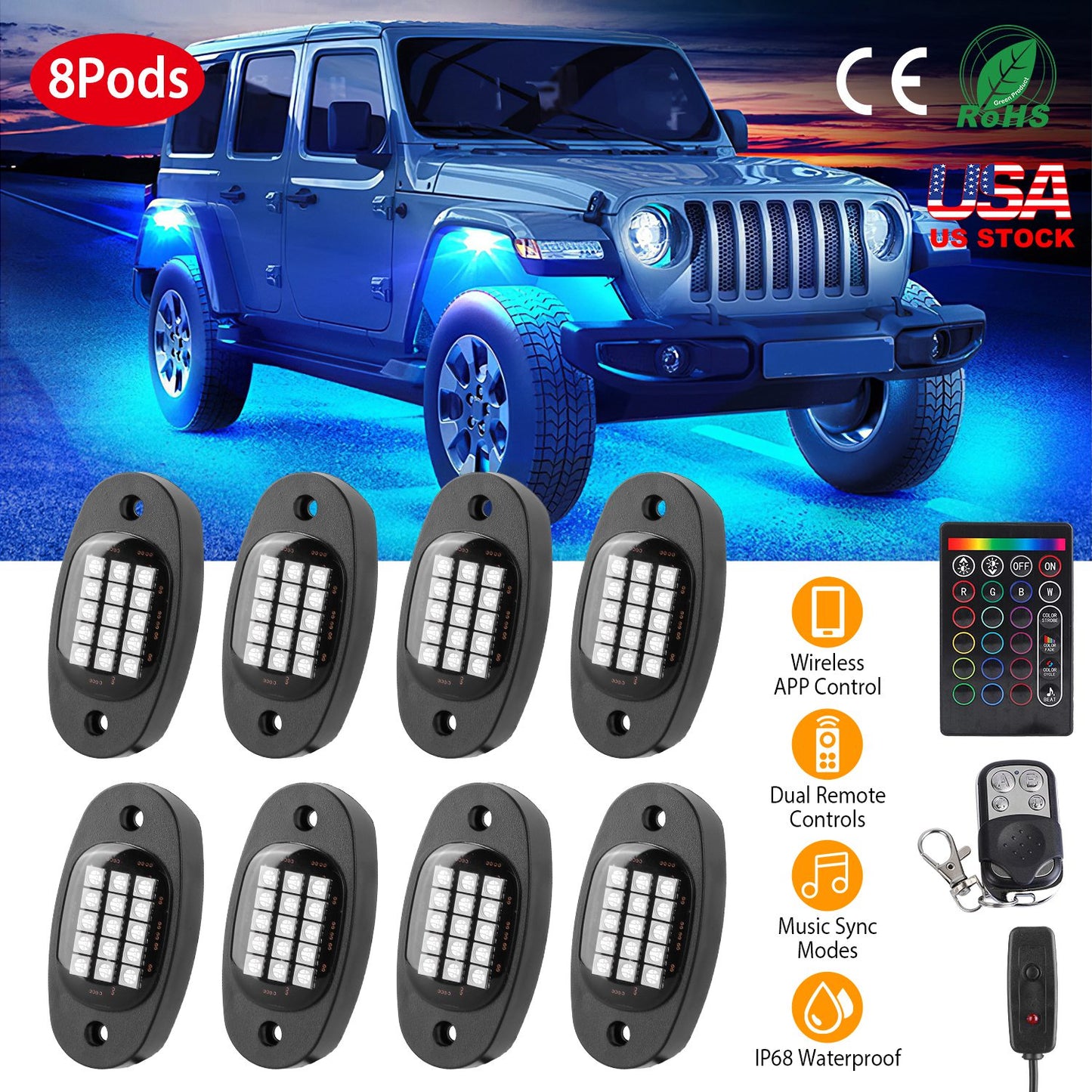 LJGelectro - 8 Pods RGB LED Rock Lights DC12V Car Neon Light Kit IP68 Waterproof Underglow Lights with Double Remote Controls Wireless APP Control for Jeep Truck U