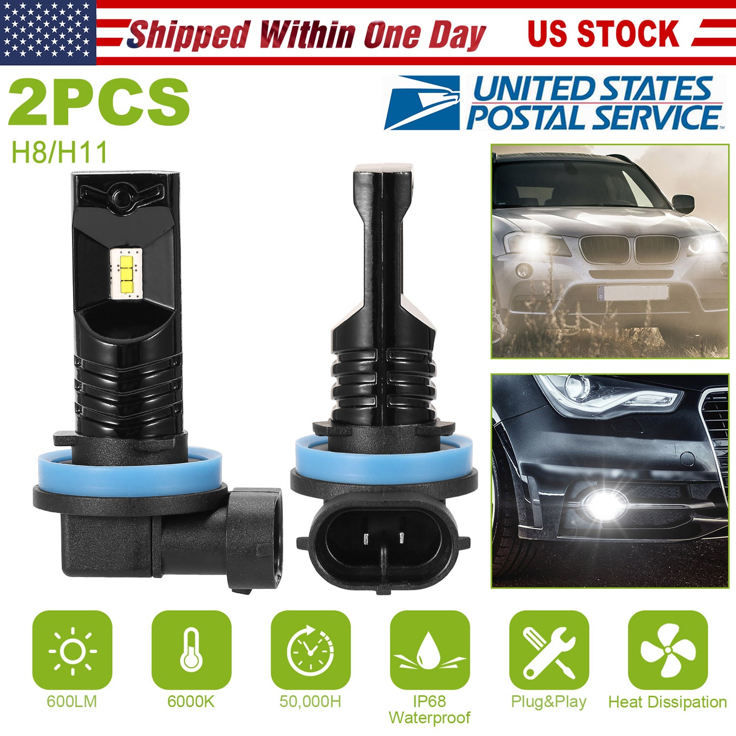 LJGelectro - 2PCS 600lm 80W H8/H9/H11 LED Fog DRL Light Bulb IP68 Waterproof 6000K White Fog Light