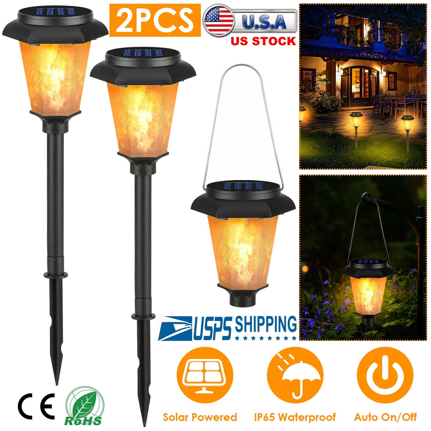 LJGelectro - 2Pcs Solar Flame Torch Light IP65 Waterproof Flickering Flame Stake Lamp Decorative Landscape Lamp For Garden Path Yard