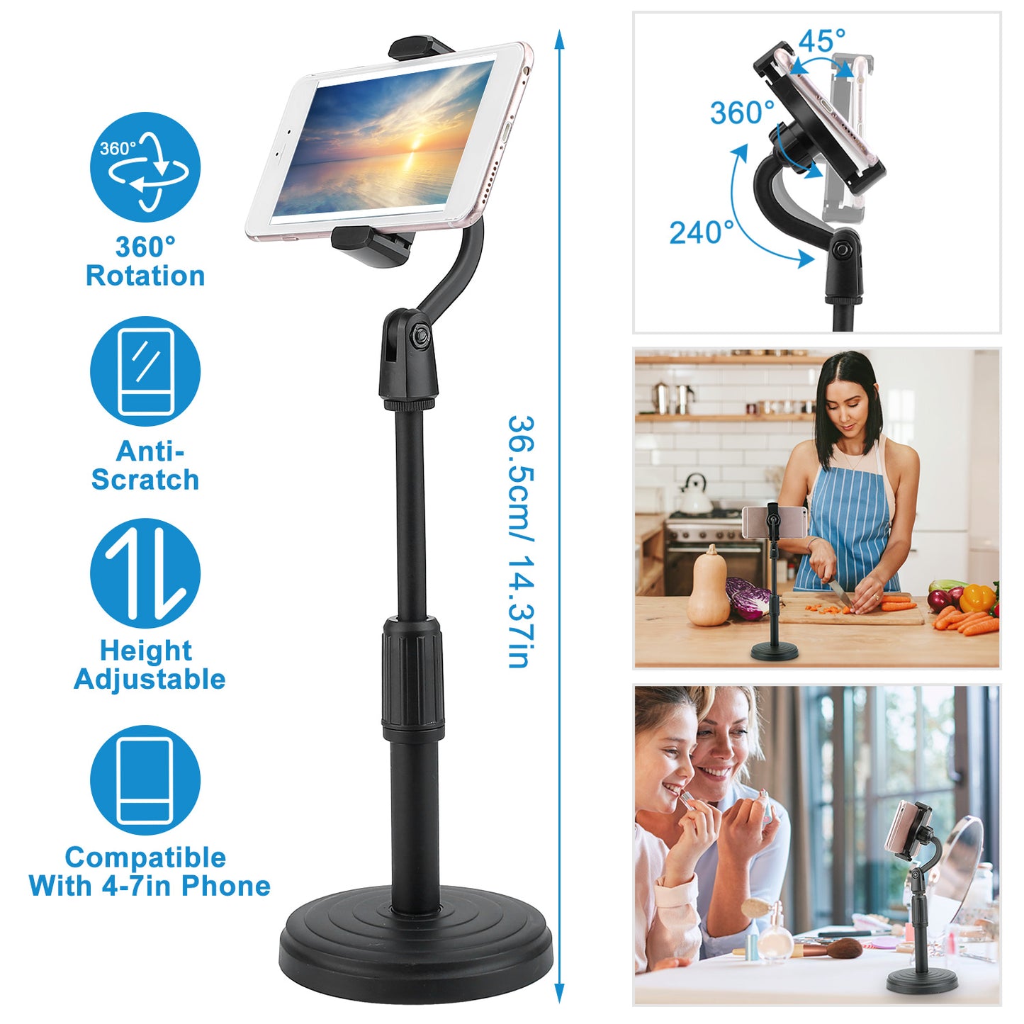 LJGelectro - Desktop Phone Stand Angle Height Adjustable Phone Clamp Mount Rotatable Cell Phone Holder For 4-7in Device Selfie Vlog Recording Streaming