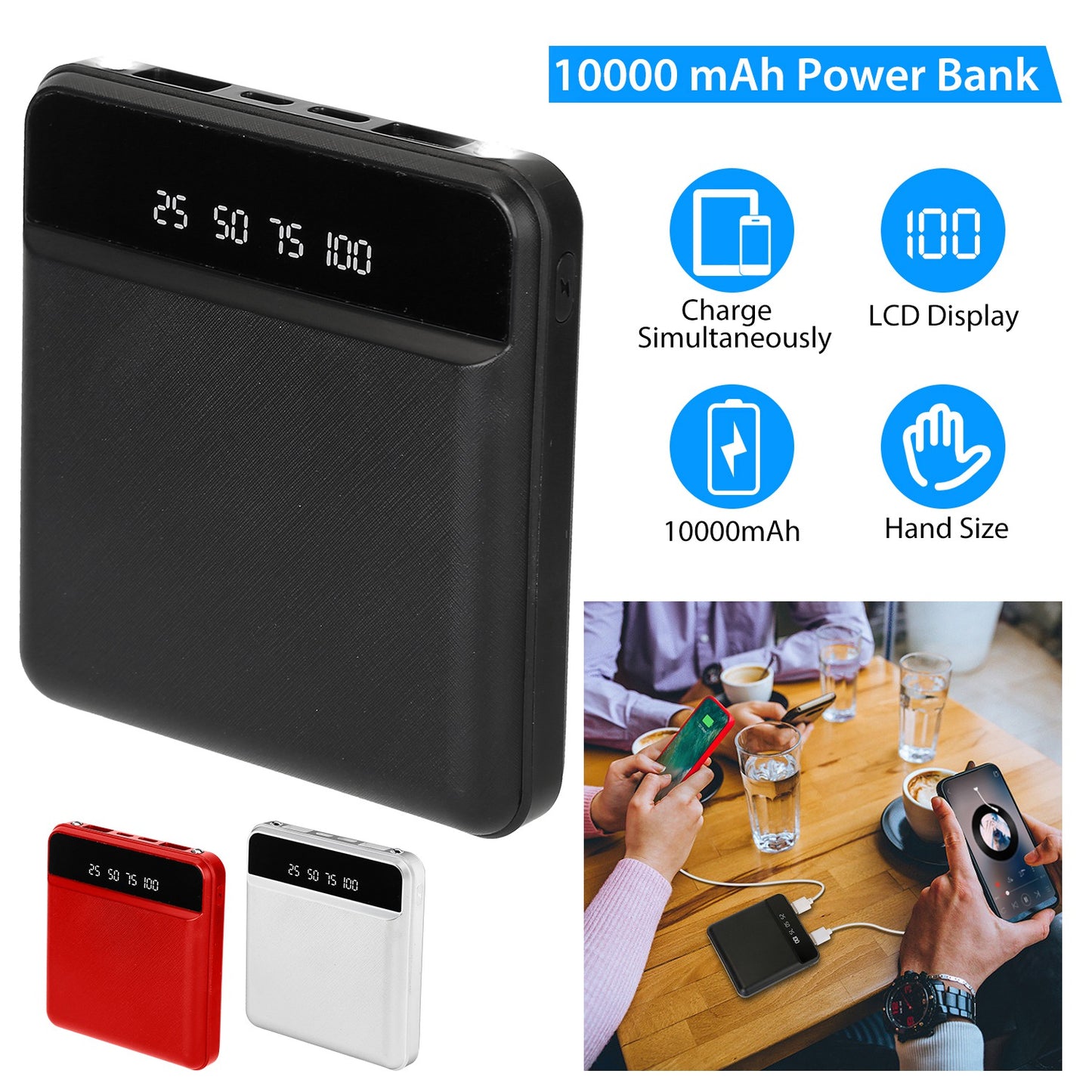 LJGelectro - 10000mAh Portable Power Bank Mini External Battery Pack Charger w/ Dual USB Ports LCD Display Type C Micro USB Input Ports