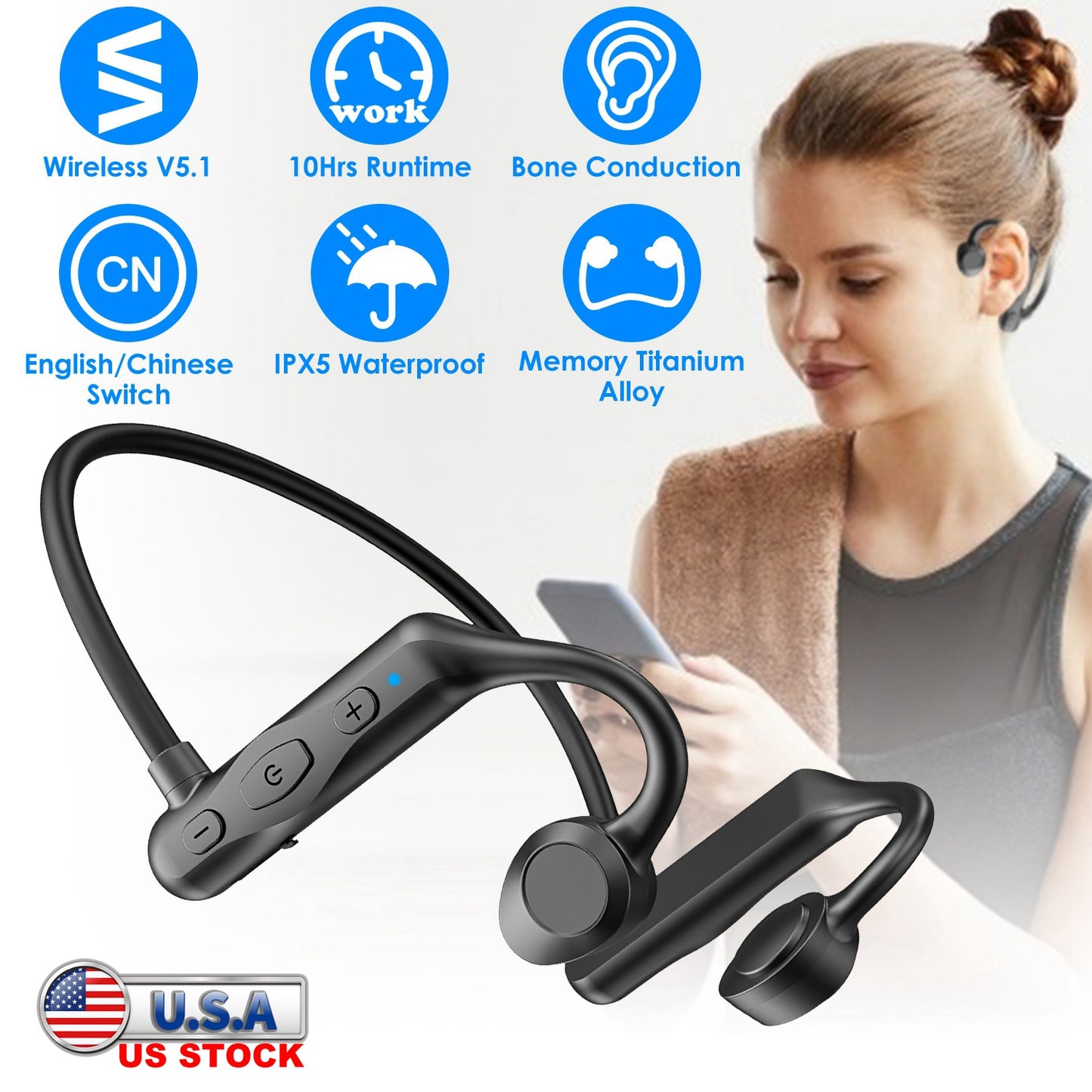 LJGelectro - IPX5 Waterproof Wireless V5.1 Bone Conduction Earphones Open-Ear Wireless Headsets Music Sport Wireless Open Hook Earphone with Sensitive Mic For Busi