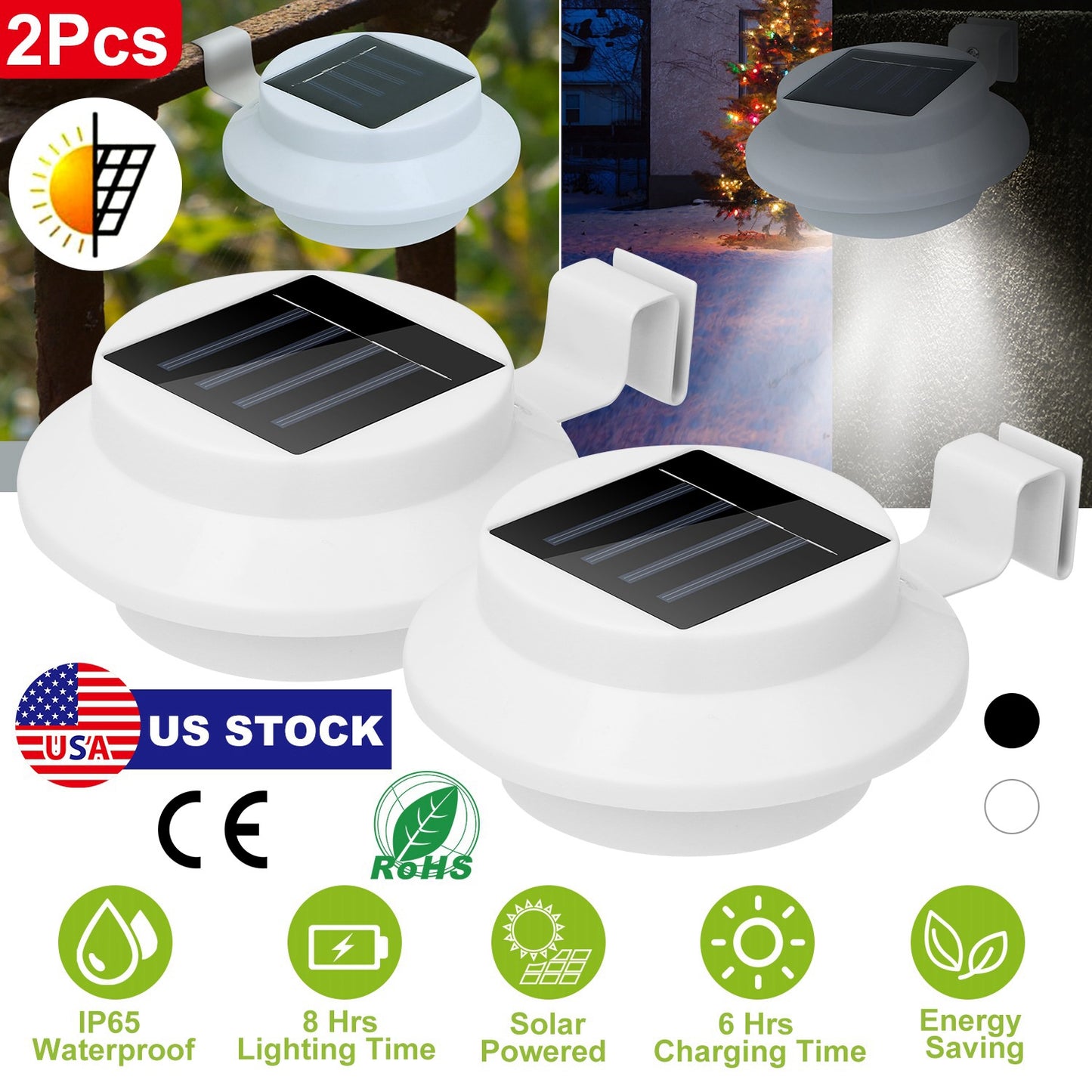 LJGelectro - 2Pcs Solar Powered Gutter Lights Outdoor IP65 Waterproof Dusk to Dawn Sensor Security Lamps Solar Wall Fence Yard Lamps