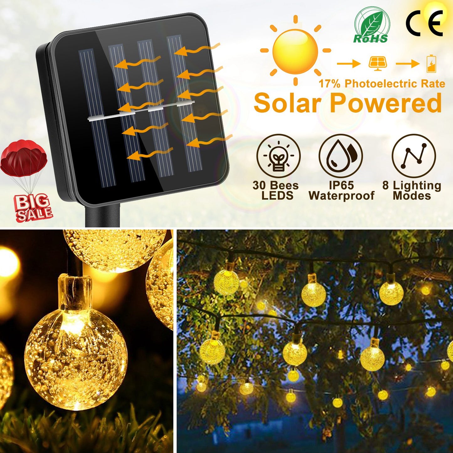 LJGelectro - Globe String Solar Lights 30 Ball LED Fairy Solar Lamps 8 Lighting Modes IP65 Waterproof Decorative Lights w/ Stake Garden Lawn Flower Trees Patio Gar