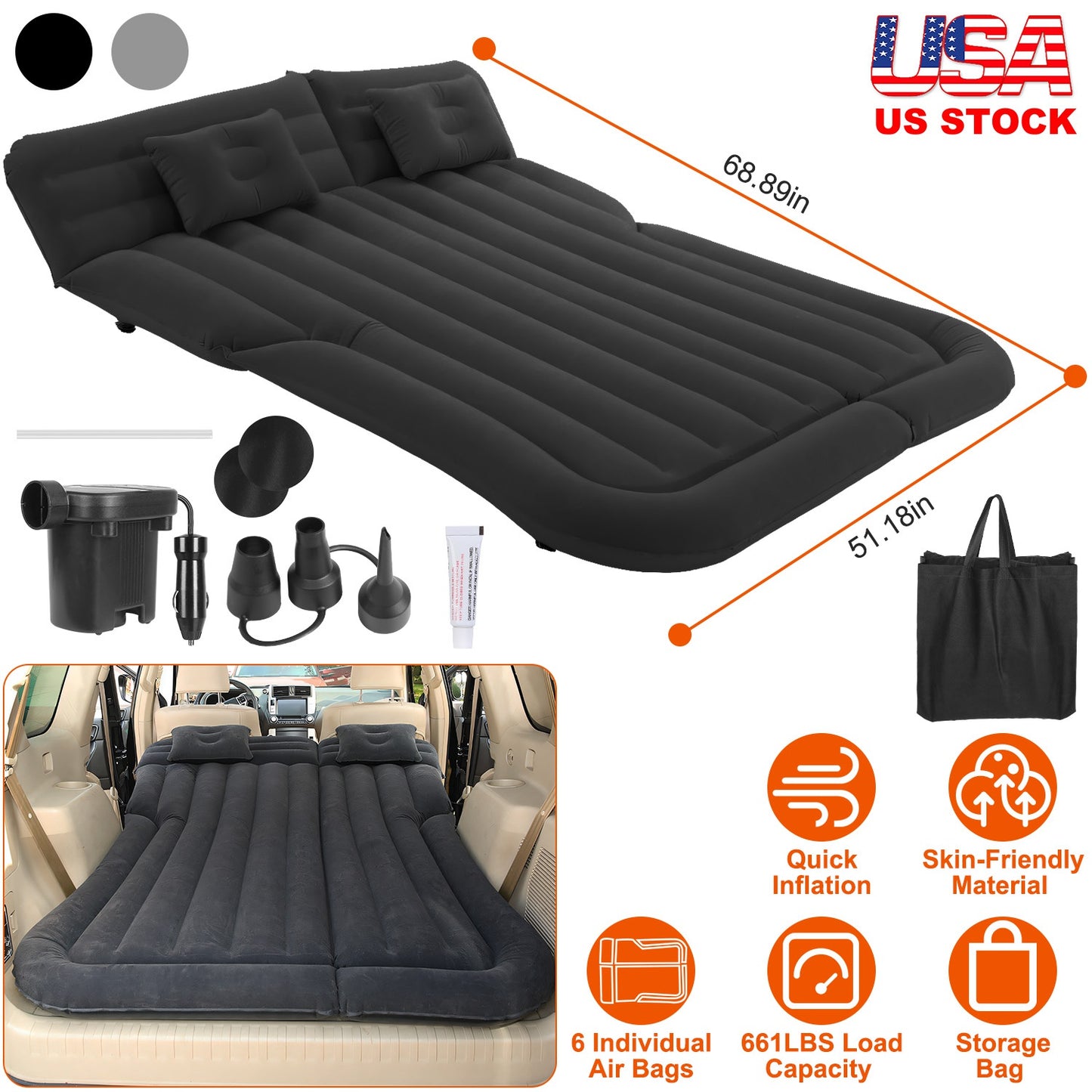 LJGelectro - Inflatable SUV Air Mattress Thickened Camping Bed Cushion with Pillow Air Pump Storage Bag PVC Flocked Car Bed for Home Car Travel Camping