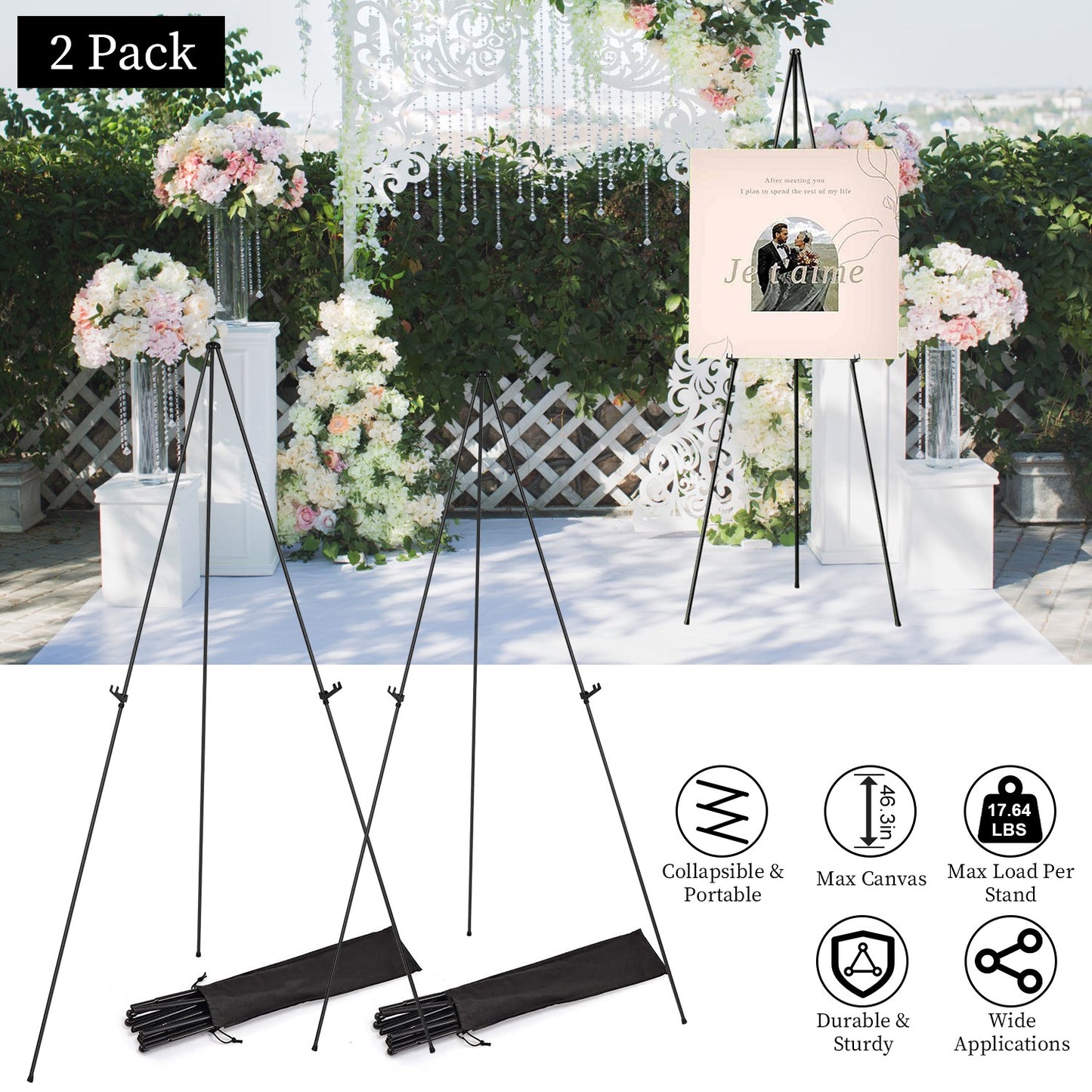 LJGelectro - 2 Pack Easel Stand for Display 61in Collapsible A Frame Tripod Easel Iron Alloy Drawing Stand with 2 Carry Bags for Wedding Poster Art Drawing Meeting