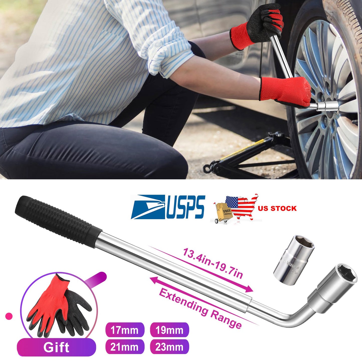 LJGelectro - Telescoping Lug Wrench Extendable Tire Wheel Nut Wrench with CR-V Sockets 17mm/19mm/21mm/23mm Free Work Gloves