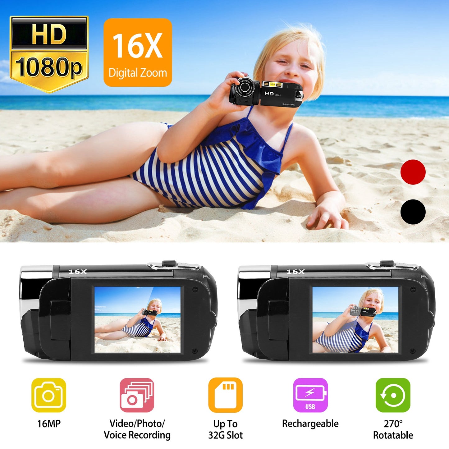 LJGelectro - HD 1080P Digital Video Camcorder 2.7in 16X Zoom DV Camera 270° Rotation Rechargeable Kid Camera w/Fill Light Selfie