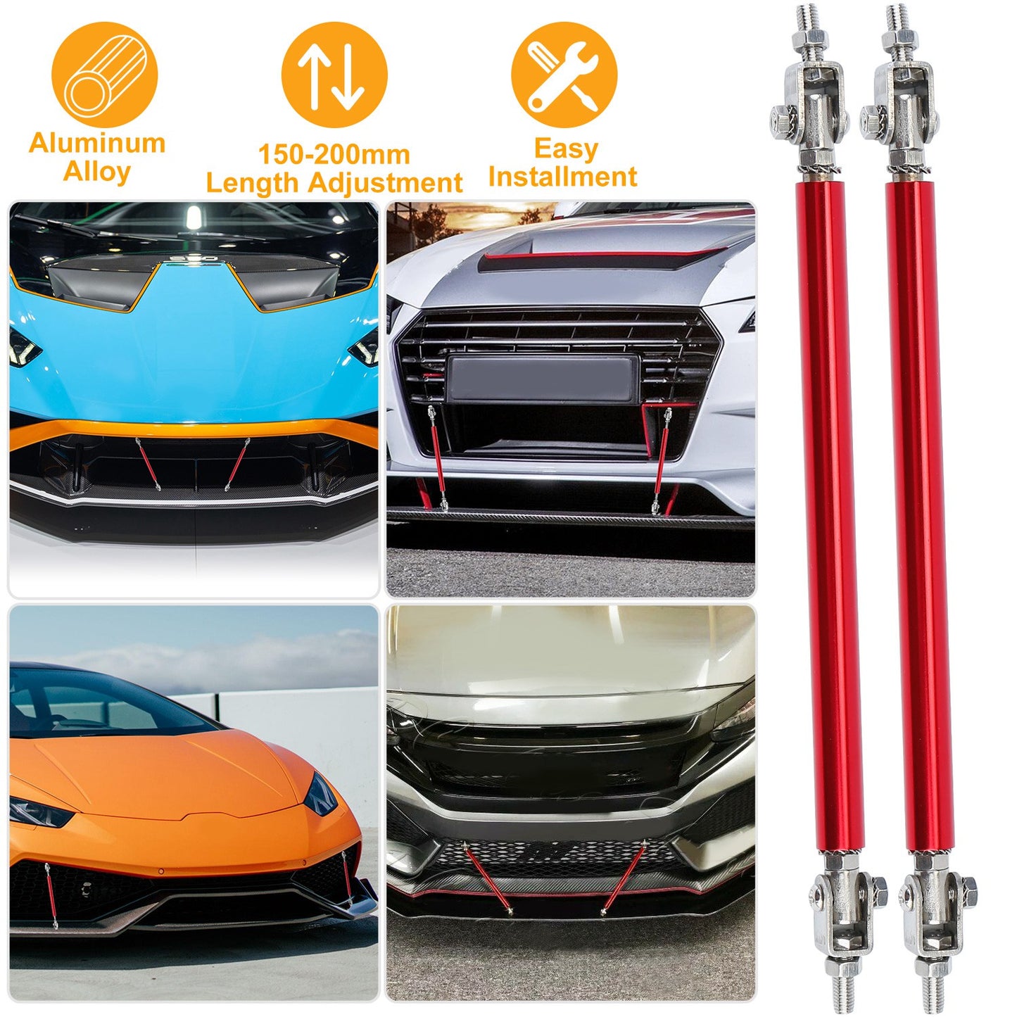 LJGelectro - 2Pcs Splitter Rod Front Bumper Lip Rod Strut Adjustable Lip Spoiler Tie Support Rods 150mm-200mm