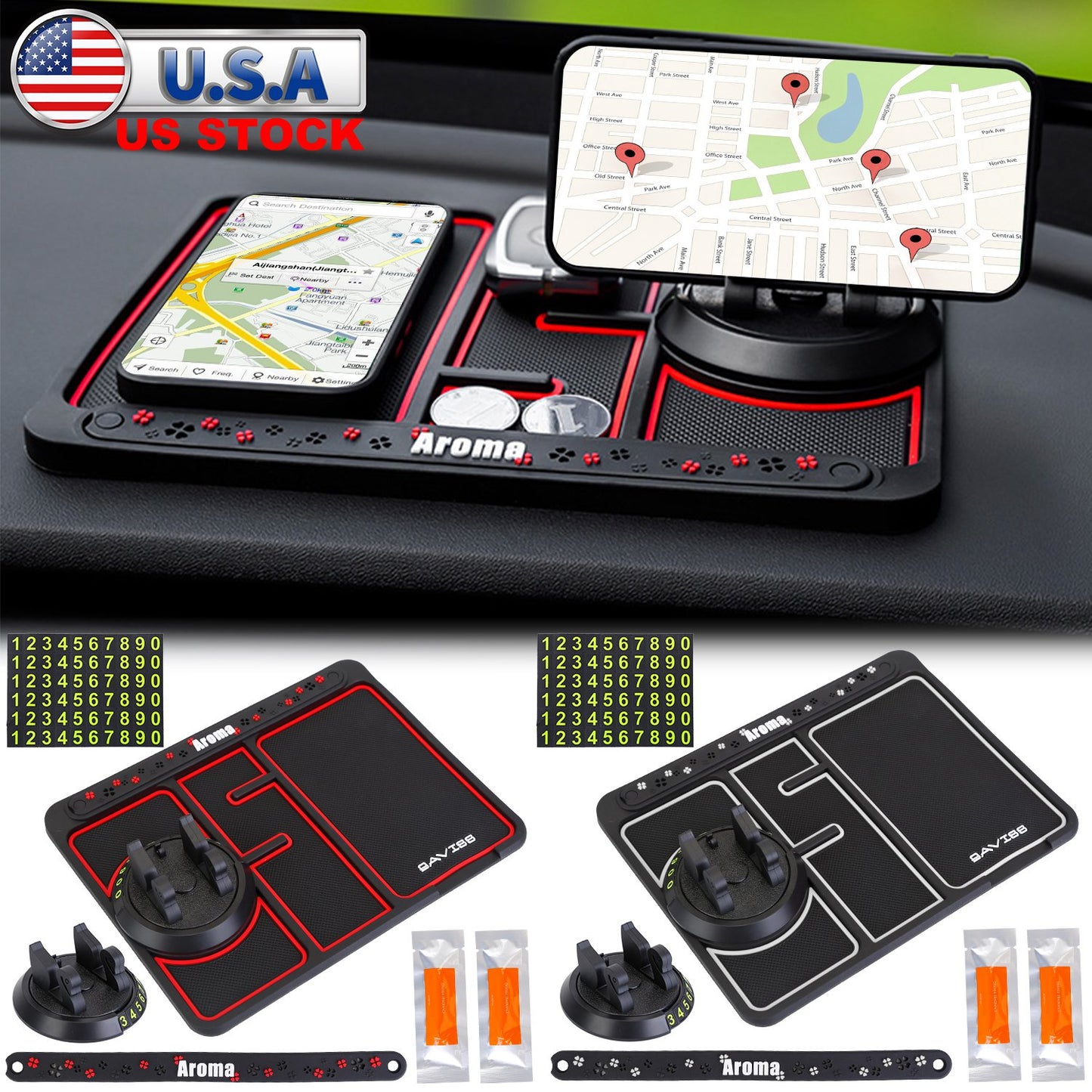 LJGelectro - Non-slip Car Phone Mat 4 In1 Dashboard 360° Rotatable Phone Holder Pad with Aroma Parking Number Plate