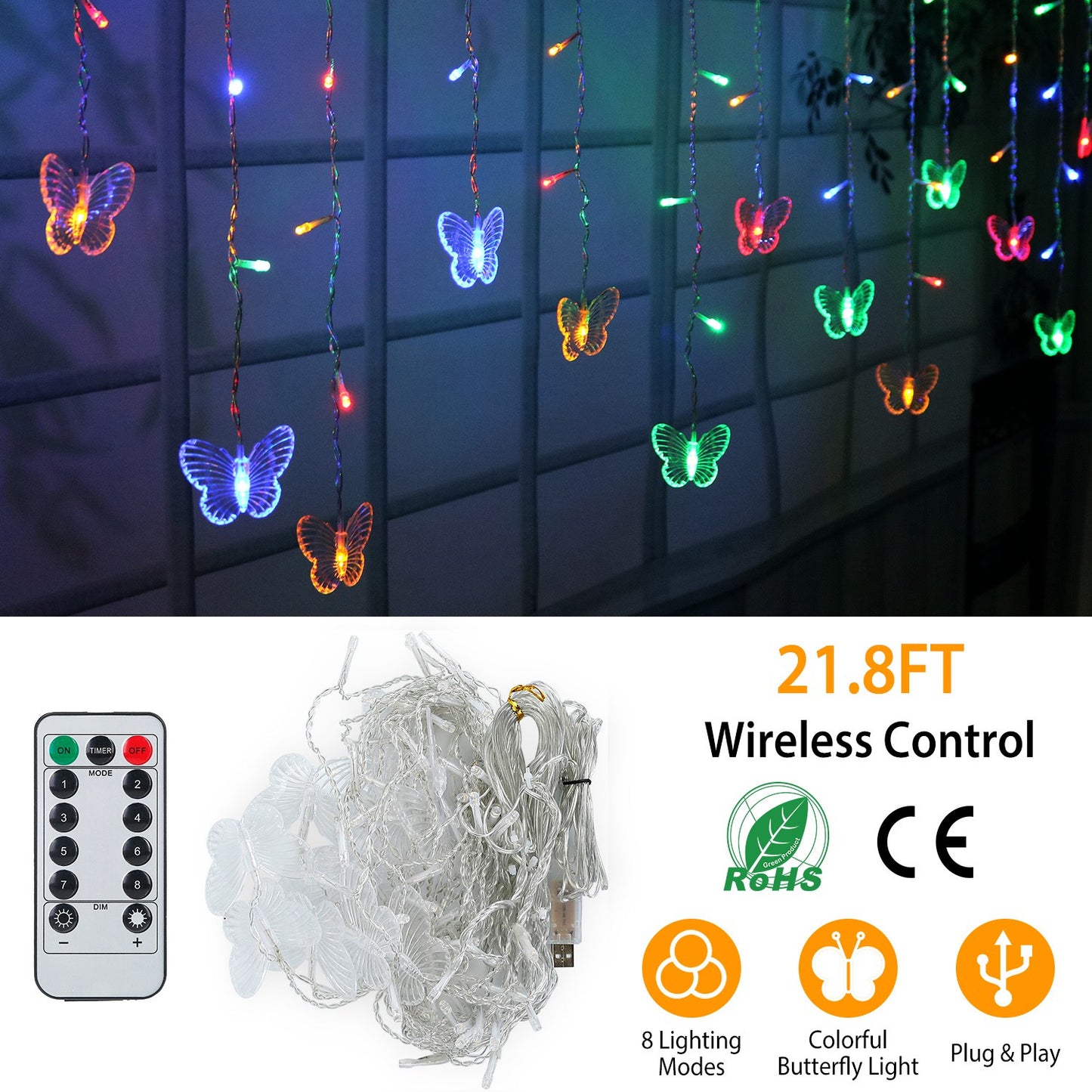 LJGelectro - Butterfly Curtain String Lights USB Powered Colorful LED Fairy Lamps w/8 Modes 96 LED Remote Control 11.5ft for Bedroom Weddings Christmas Party Decor