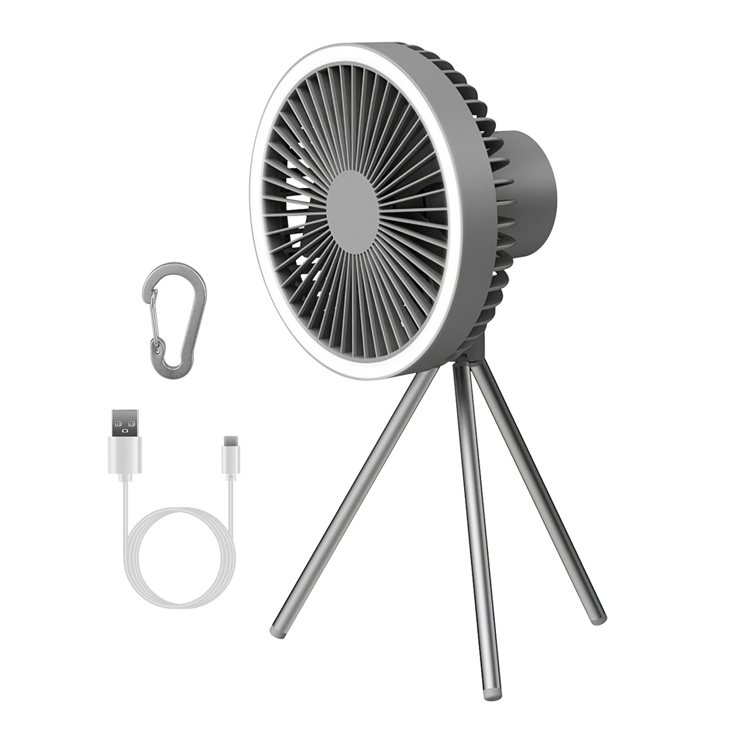 LJGelectro - Camping Fan with Lantern 10000mAh Rechargeable Battery Powered Portable Tripod Fan for Tent with Hanging Hook Carabiner Emergency Power Bank Desk Fan