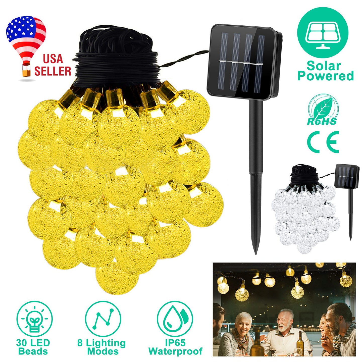 LJGelectro - Globe String Solar Lights 30 Ball LED Fairy Solar Lamps 8 Lighting Modes IP65 Waterproof Decorative Lights w/ Stake Garden Lawn Flower Trees Patio Gar