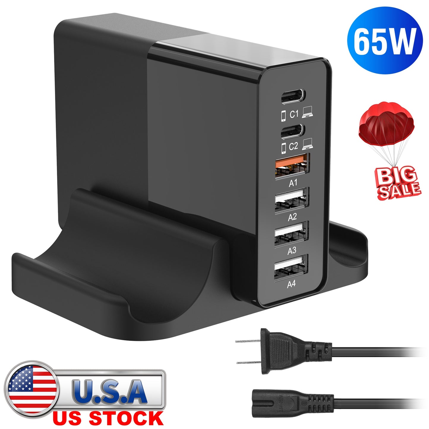 LJGelectro - USB Fast Charger 65W 6-Port Fast Charging Station Type-C Wall Charger PD Adapter with 2 Type-C Ports 4 USB-A Ports Fit for IOS Phone 13/ iPad/ Galaxy/