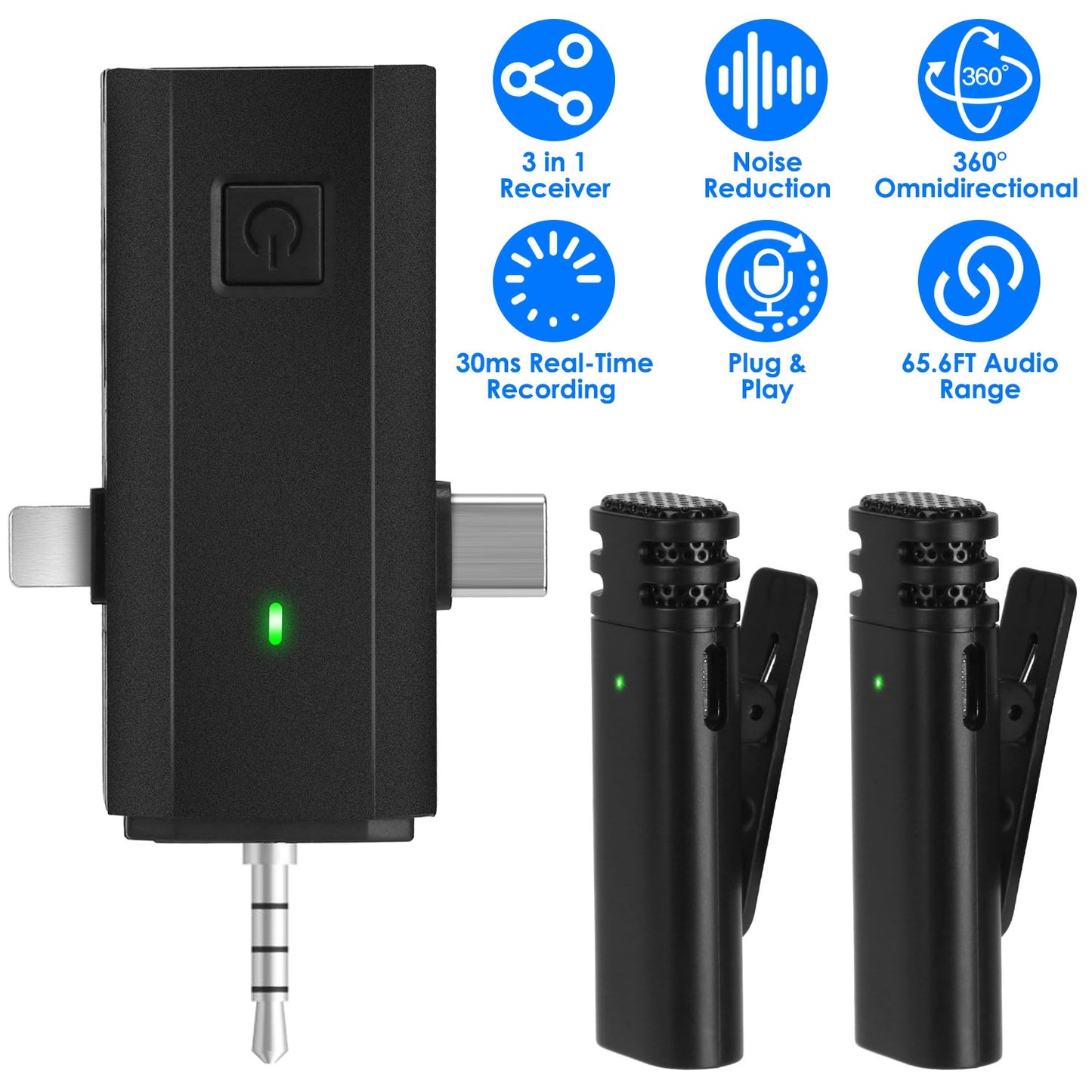 LJGelectro - 2 Pack 3 in 1 Wireless Clip On Microphone Omnidirectional Mic Noise Reduction Plug and Play 65.6FT Transmission Type-C IOS PC Video Record Interview V