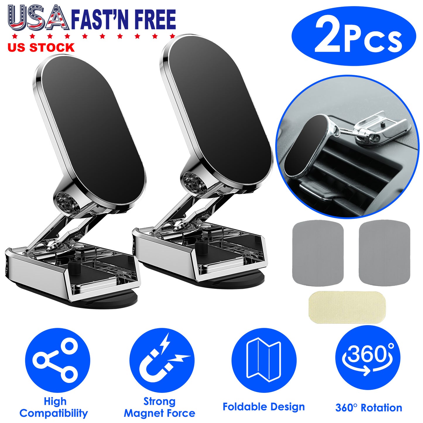 LJGelectro - 2 Pack Foldable Magnetic Car Phone Holder 360 Degree Adjustable Car Mount Hands Free Phone Holder Compatible with All Phones