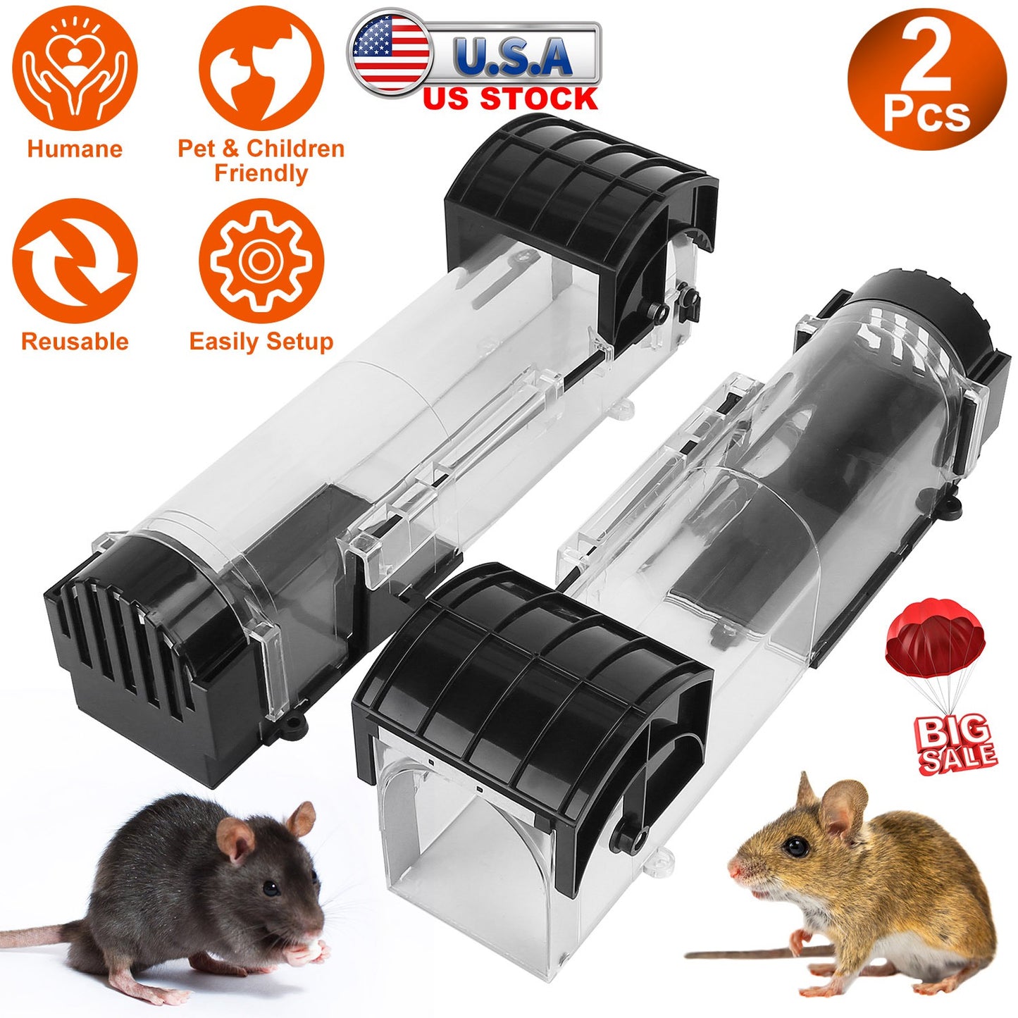 LJGelectro - 2Pcs Humane Live Mouse Trap Reusable Rat Rodent Trap Catch Release Cage Safe for Family Children Pets Easy Setup