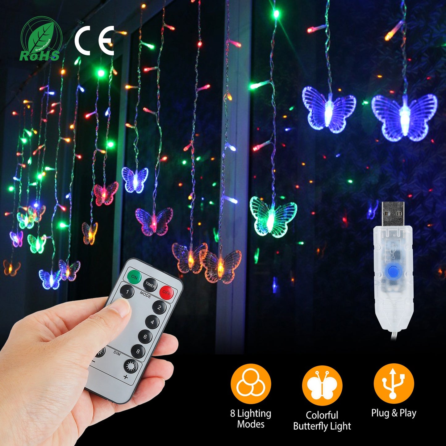 LJGelectro - Butterfly Curtain String Lights USB Powered Colorful LED Fairy Lamps w/8 Modes 96 LED Remote Control 11.5ft for Bedroom Weddings Christmas Party Decor