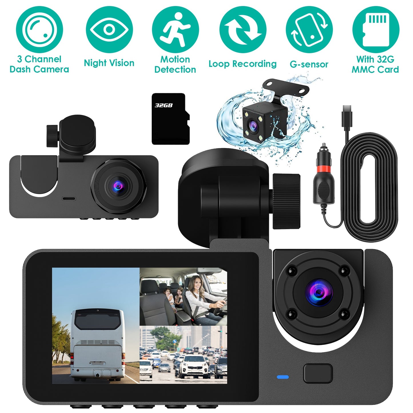 LJGelectro - 3 Channel Dash Cam Front Inside Rear Vehicle Driving Recorder Car DVR with 32G MMC Card G Sensor Motion Detection Parking Monitor Night Vision Loop Re