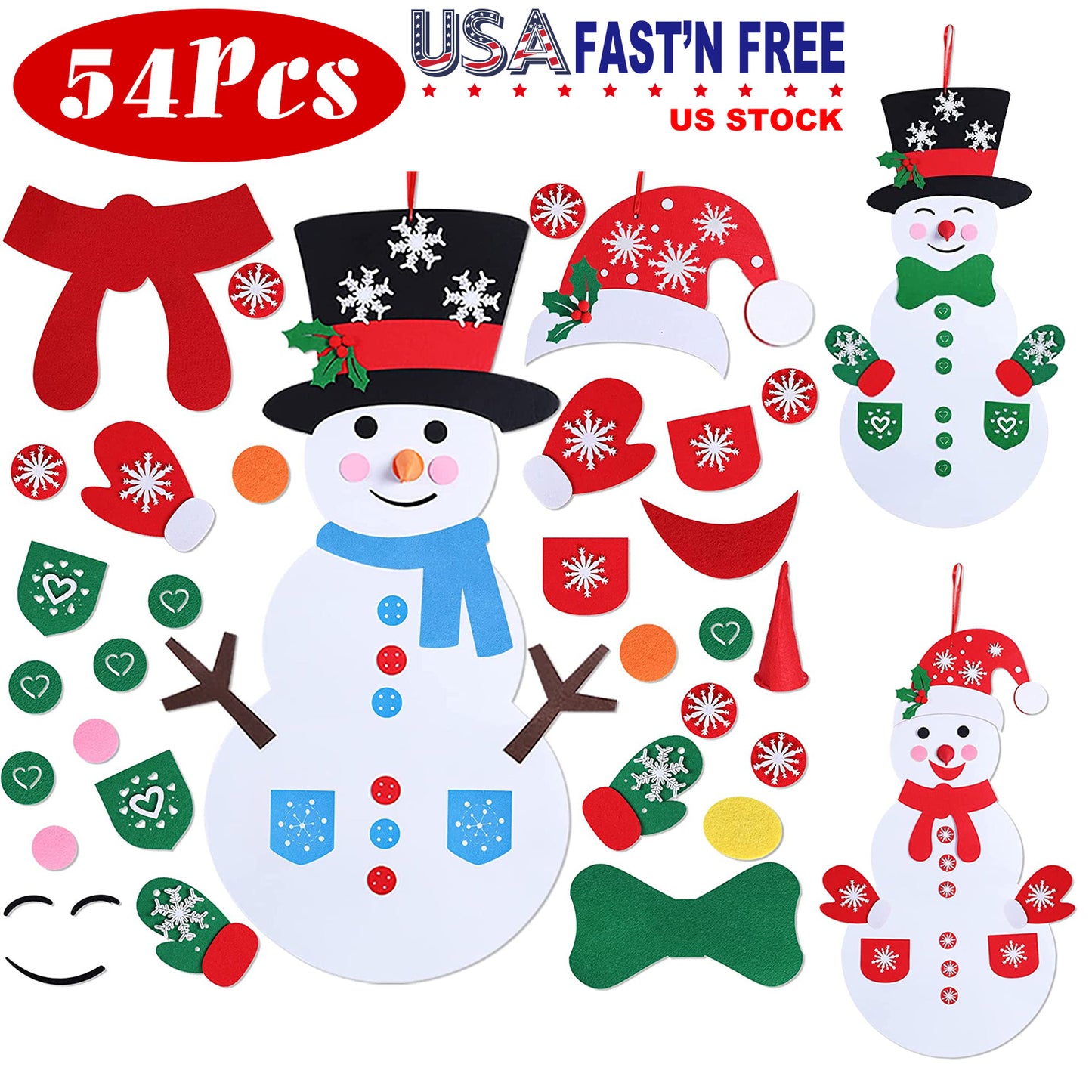 LJGelectro - Felt Christmas Snowman Set DIY Felt Christmas Hanging Decorations Kits with 54Pcs Detachable Ornaments Xmas Gift for Toddlers