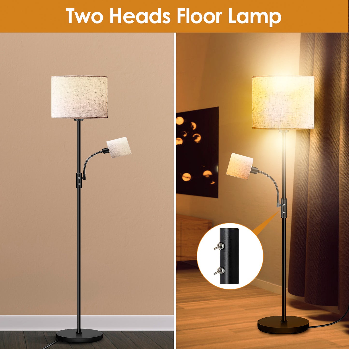 LJGelectro - 67.32In Mother Daughter Floor Lamp with Linen Shade 3200K Brightness 360° Adjustable Reading Light Modern Decoration Standing Lamp for Living Room Bed