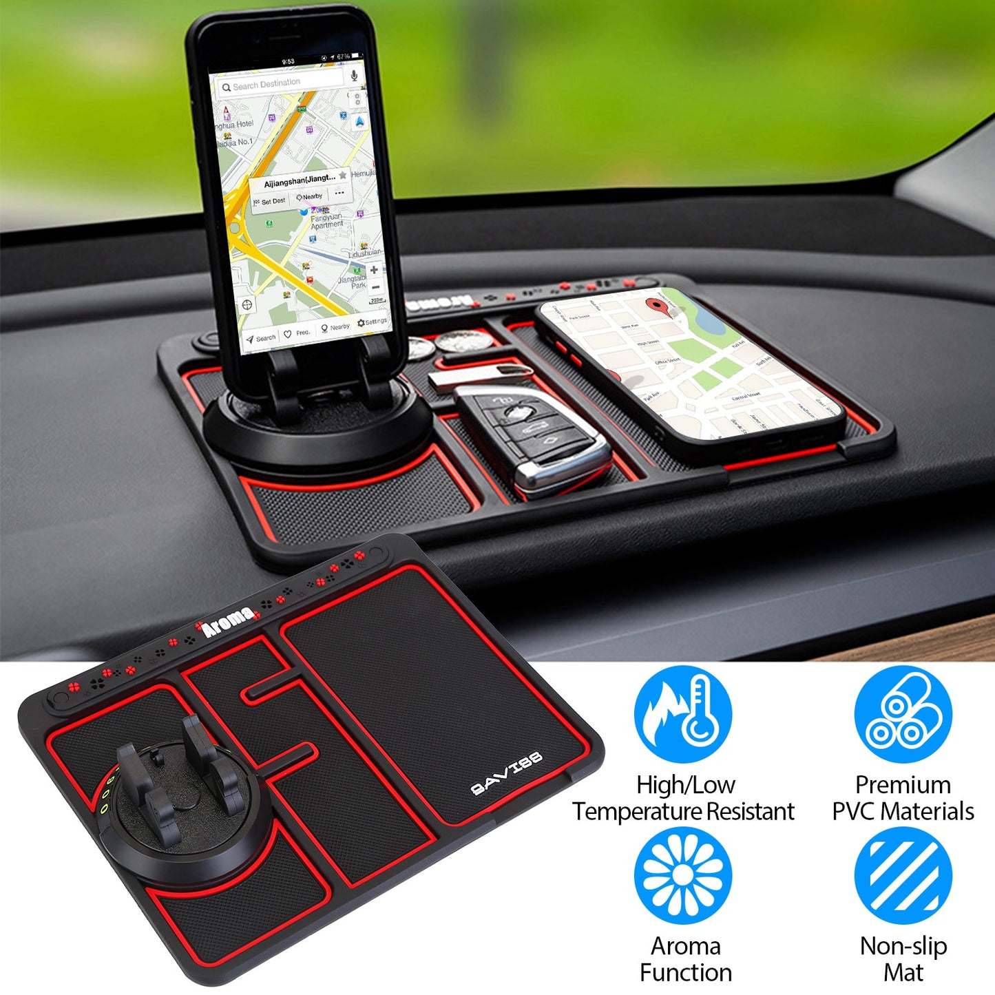 LJGelectro - Non-slip Car Phone Mat 4 In1 Dashboard 360° Rotatable Phone Holder Pad with Aroma Parking Number Plate