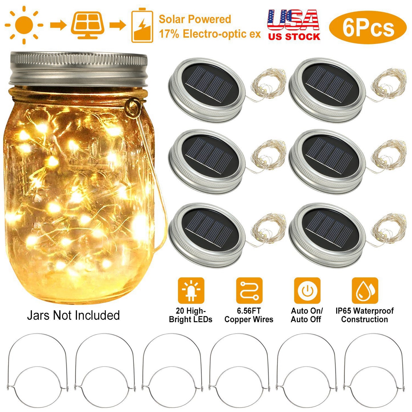 LJGelectro - 6 Pcs Solar Powered Mason Jar Lid Lights 20 LEDs Fairy String Lights Xmas Garden Decor