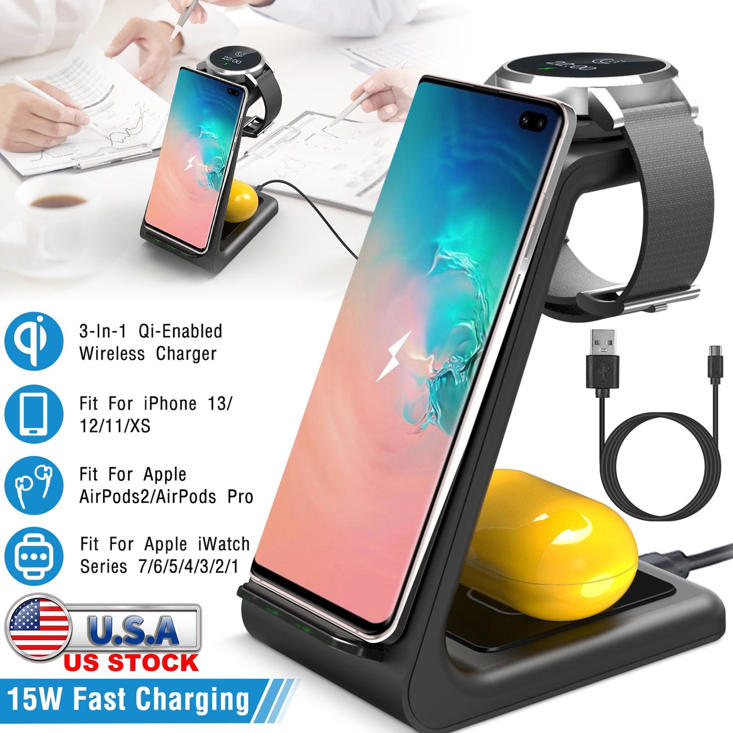 LJGelectro - 15W 3 in 1 Wireless Charger Dock Fast Charging Station Stand Holder Fit for iPhone 13/12/11/XS Apple Watch Series 7/6/5/4/3/2/1 AirPods 2 AirPods Pro