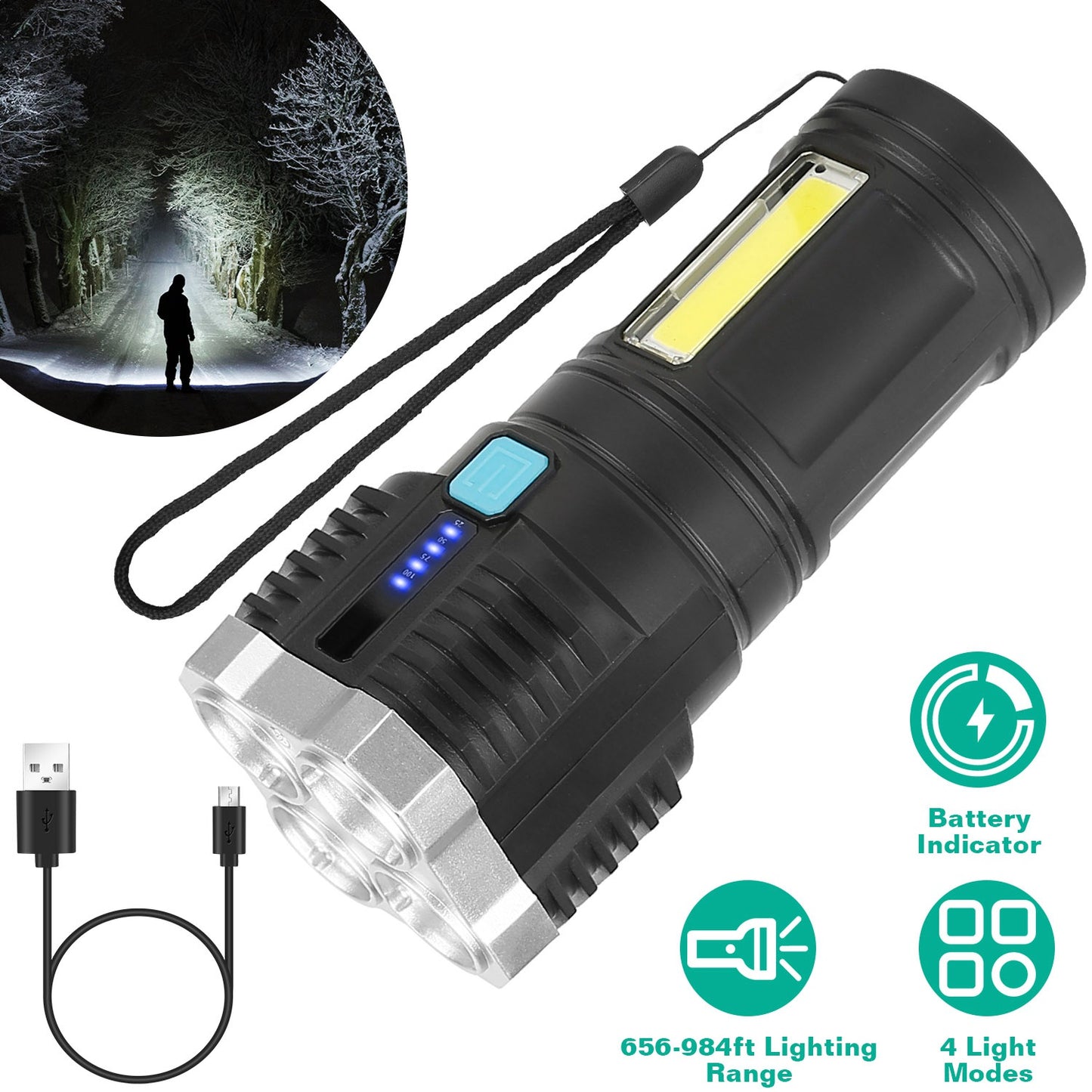 LJGelectro - Rechargeable Flashlight LED Floodlight Torch w/Strap Super Bright Flashlight w/4 Light Modes for Emergency Camping