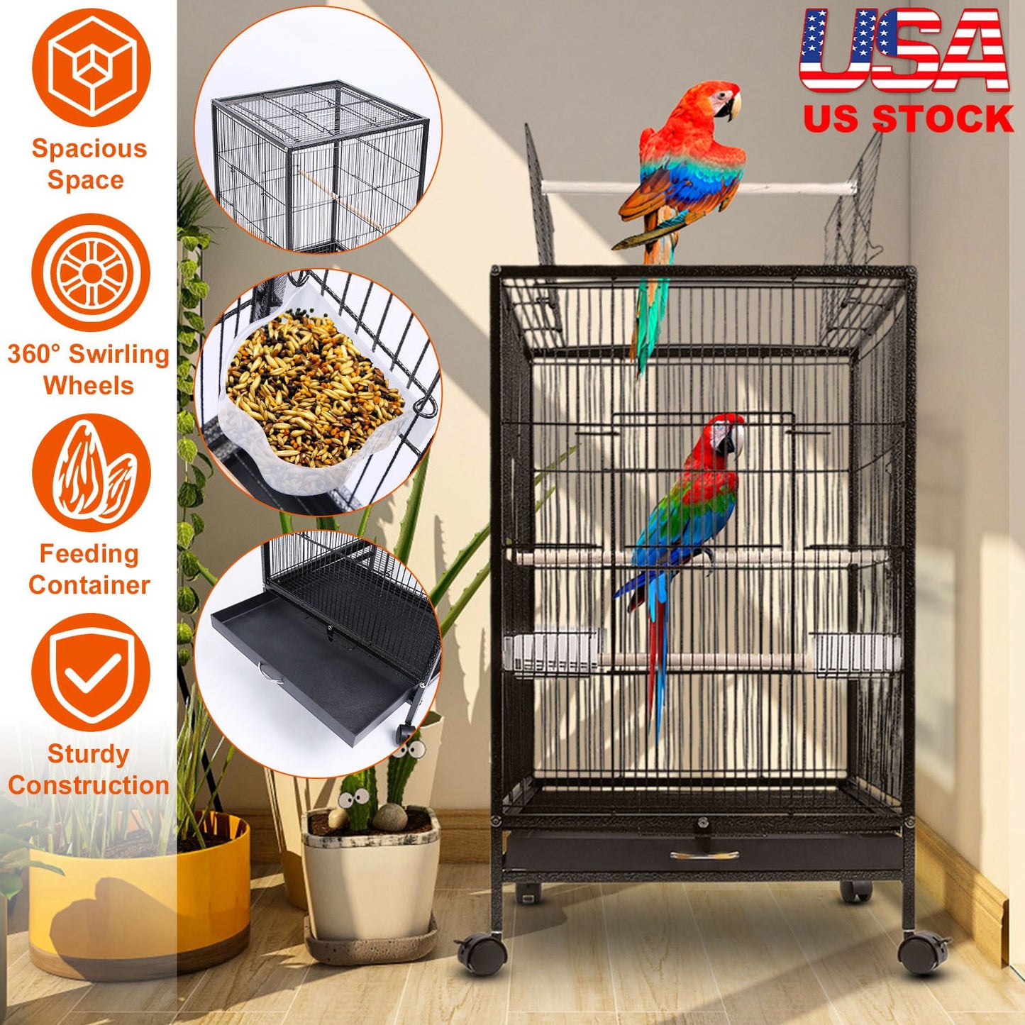 LJGelectro - 30.31In Height Bird Cage With Rolling Stand Bottom Tray Wrought Iron Wide Top Opening Large Bird Cage For Parrot Conure Lovebird Cockatiel Parakeets C