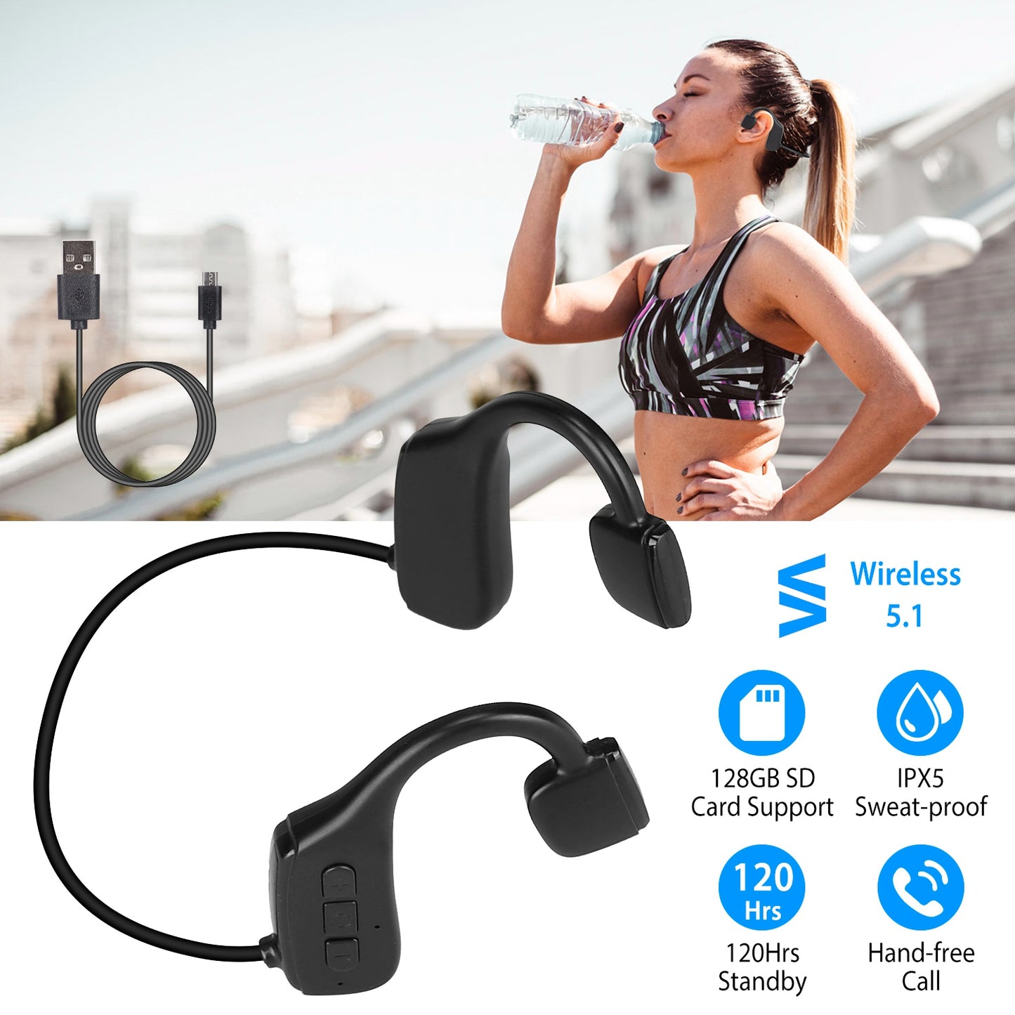 LJGelectro - Wireless V5.1 Bone Conduction Headphone Open Ear Sports Wireless Headset with Mic IPX5 Sweatproof