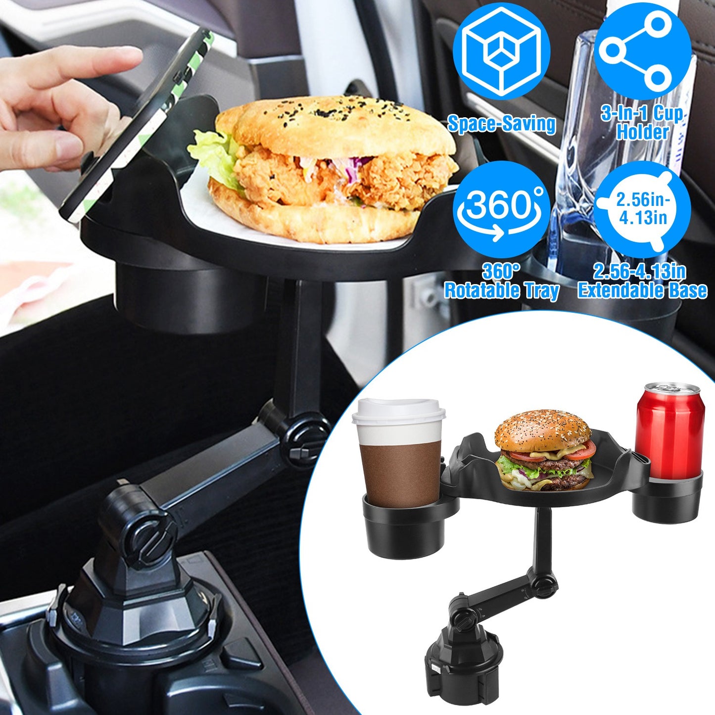 LJGelectro - Car Cup Holder Expander 360° Rotating Car Tray Bottle Holder Adapter Multifunctional Water Cup Mount Stand with Phone Slot