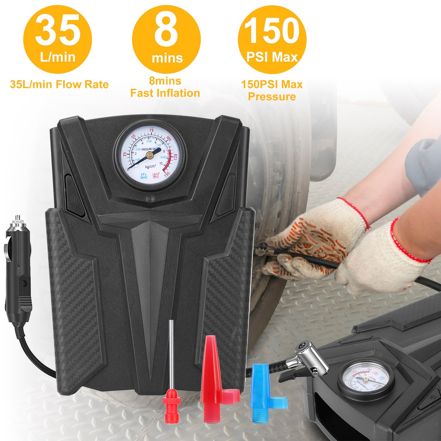 LJGelectro - Car Tire Air Pump Portable Air Compressor Pump DC 12V Car Tire Inflator Pump For Bicycle Motorcycle w/ Pointer