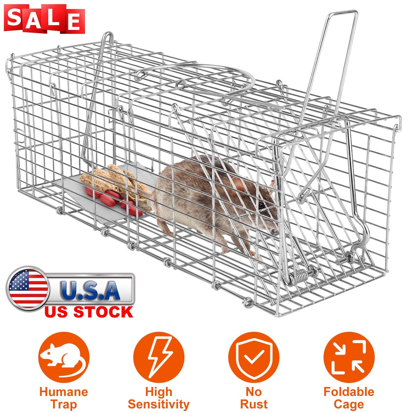 LJGelectro - Foldable Rat Trap Cage Humane Live Rodent Trap Cage Galvanized Iron Mice Mouse Control Bait Catch with Detachable L Shaped Rod