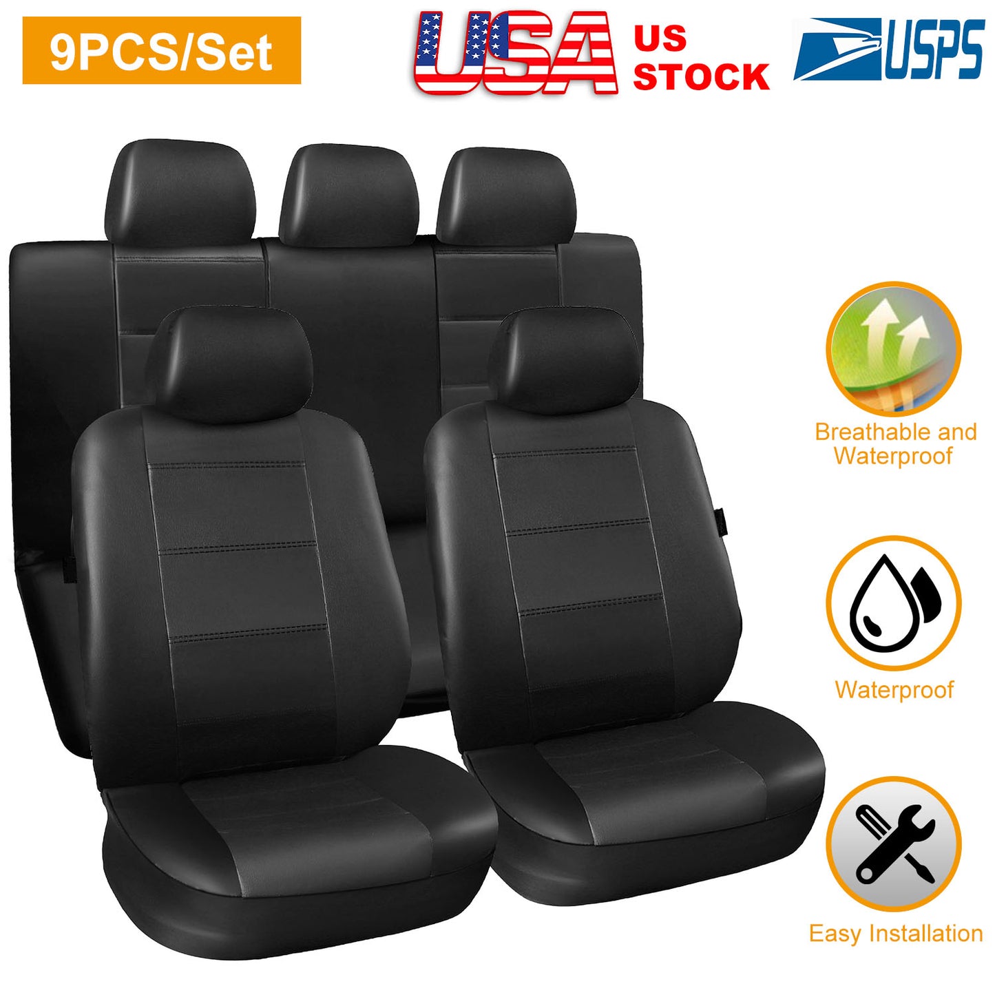 LJGelectro - 9Pcs Car Seat Cover Set PU Leather Auto Seat Cover Protector Front Back Seat Protector Cushion